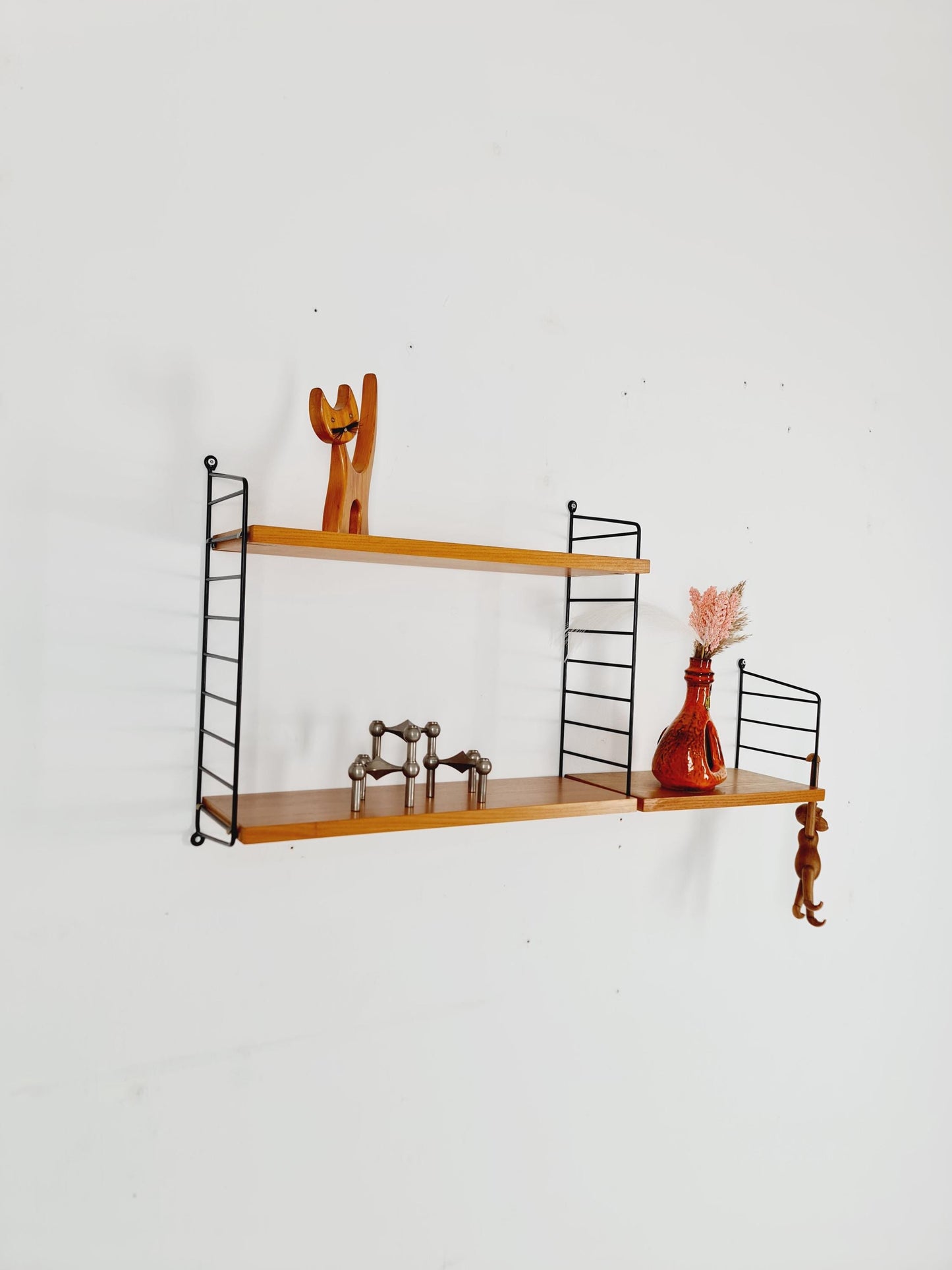 Original MCM Ash shelving system - consists of Black lacquered metal ladders, from string Stockholm 1960s