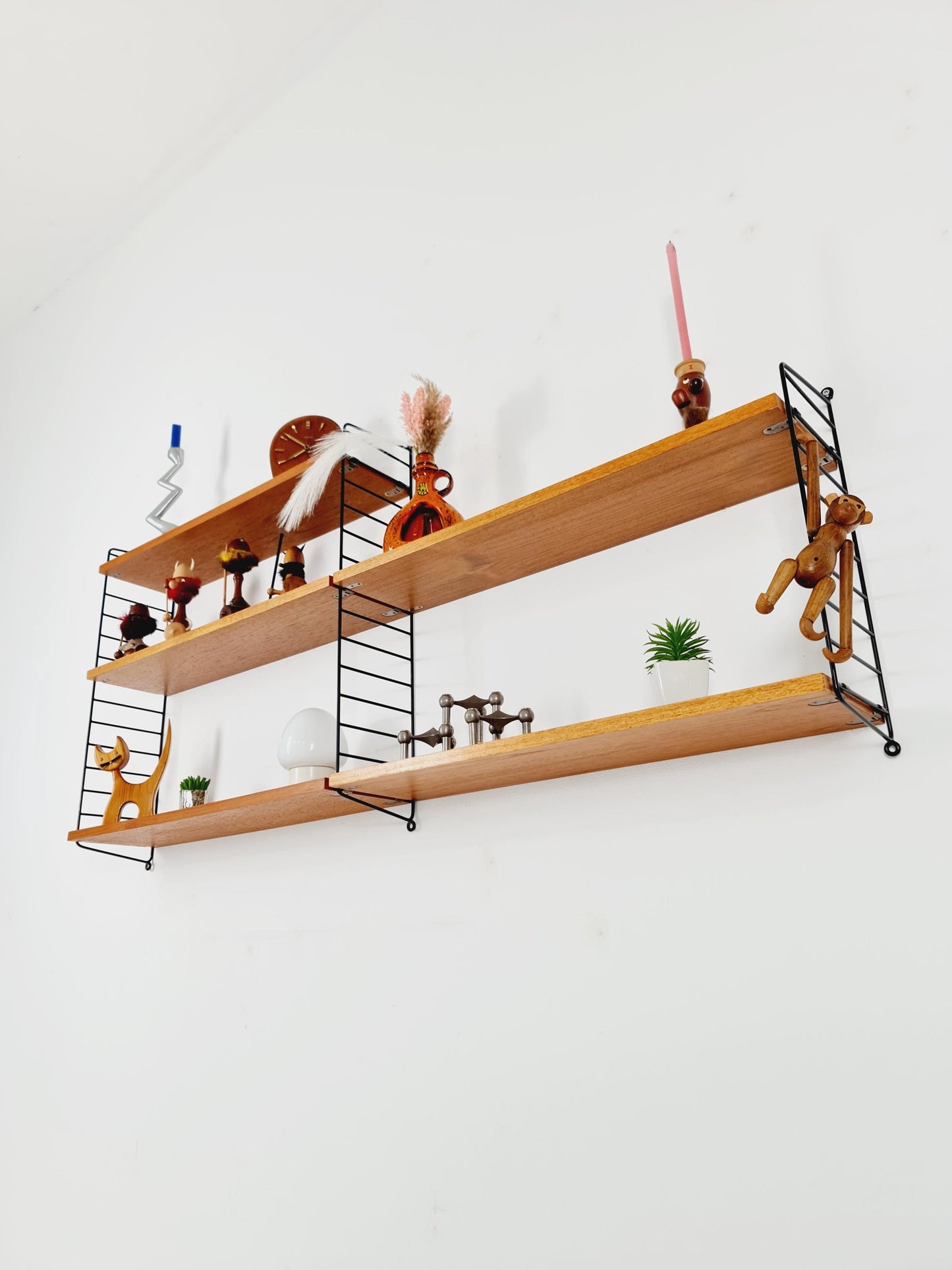 Original MCM Teak shelving system - consists of Black lacquered metal ladders, from string Stockholm 1960s