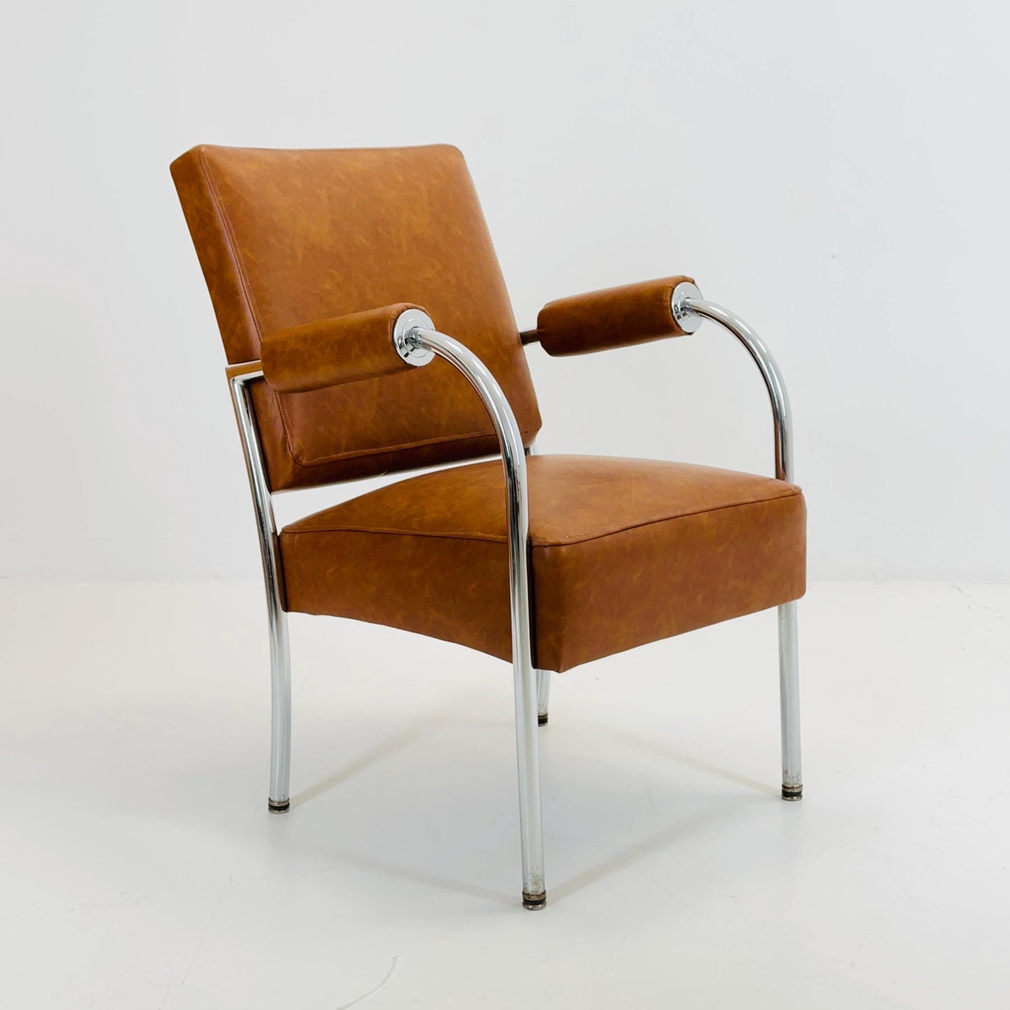 Mid-Century Bauhaus Armchair in Cognac Leather & Chrome by Mücke-Melder Czechoslovakia 1950s