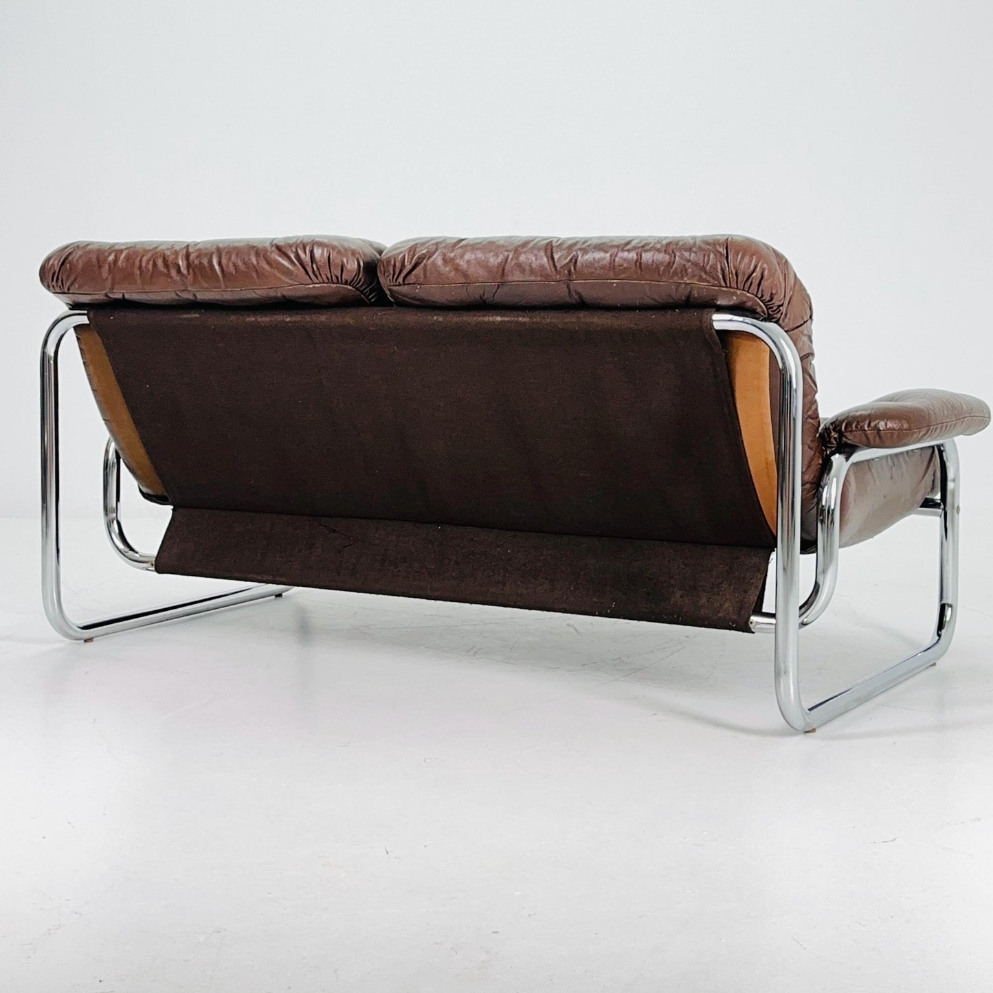 Mid century 2-Seater / tubular frame brown leather sofa "BORKUM" by Johan Bertil Häggström for Ikea 1970s