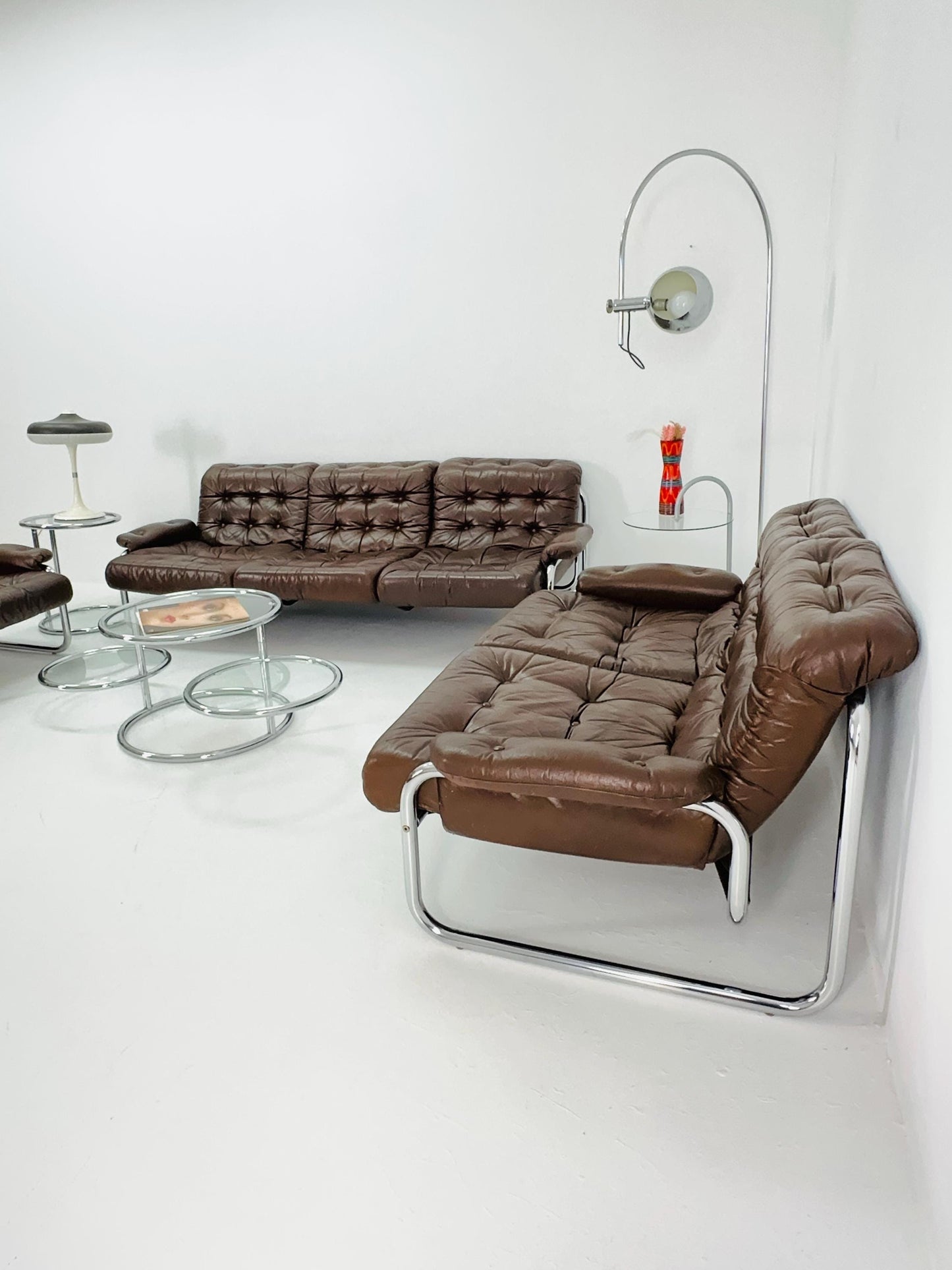 Mid century 2-Seater / tubular frame brown leather sofa "BORKUM" by Johan Bertil Häggström for Ikea 1970s