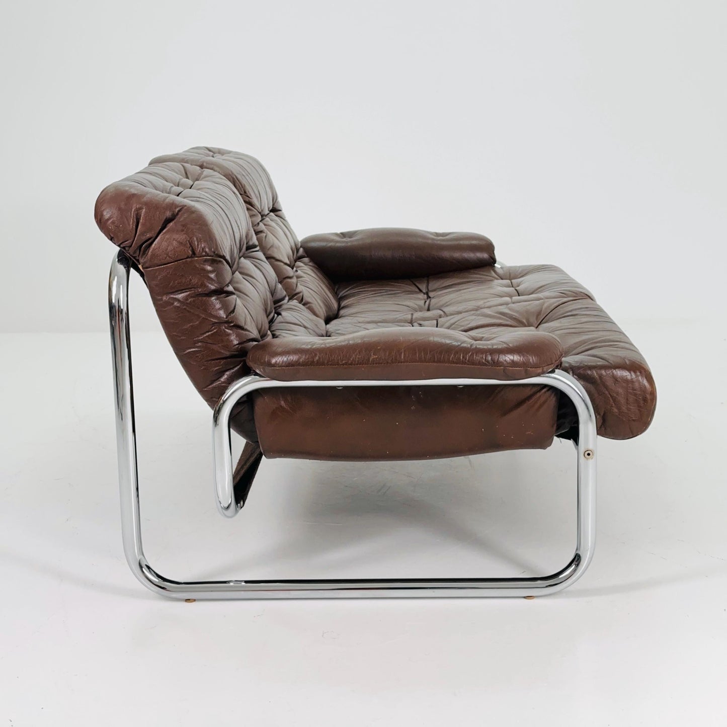 Mid century 2-Seater / tubular frame brown leather sofa "BORKUM" by Johan Bertil Häggström for Ikea 1970s