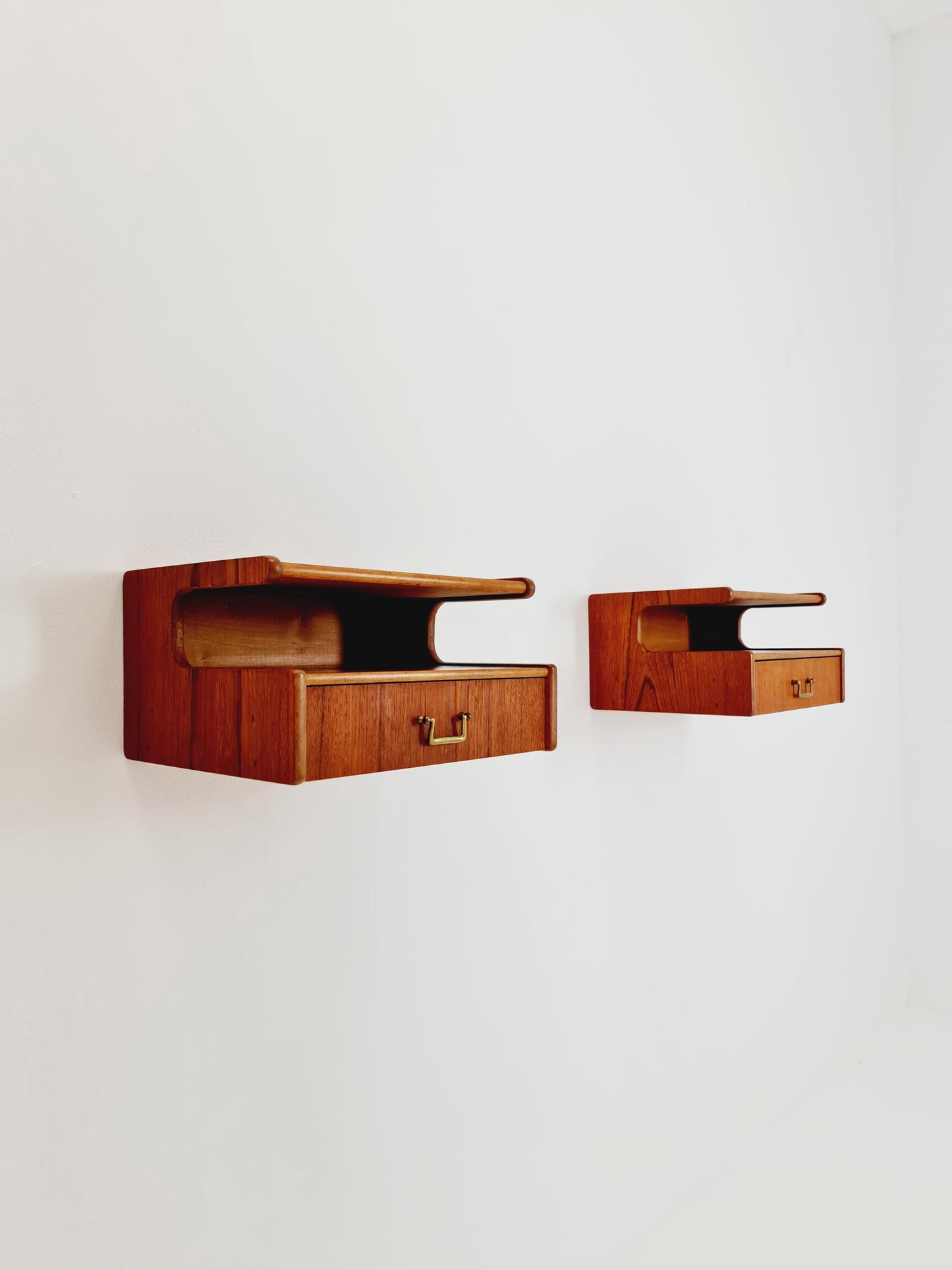 Rare pair of Danish teak floating shelf nightstands, 1960s
