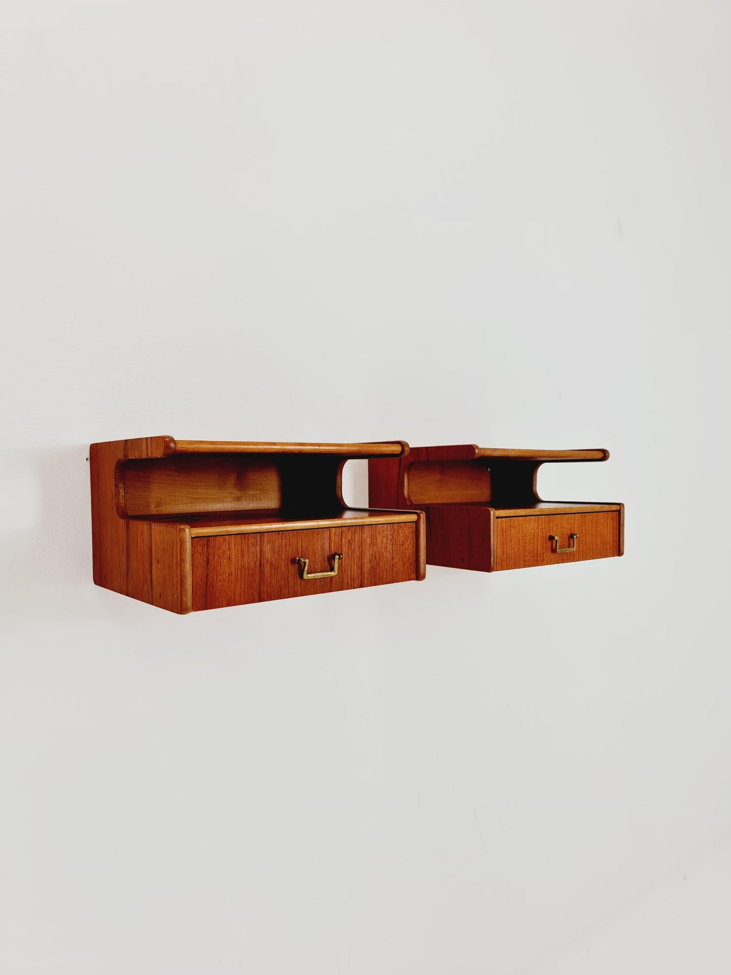 Rare pair of Danish teak floating shelf nightstands, 1960s