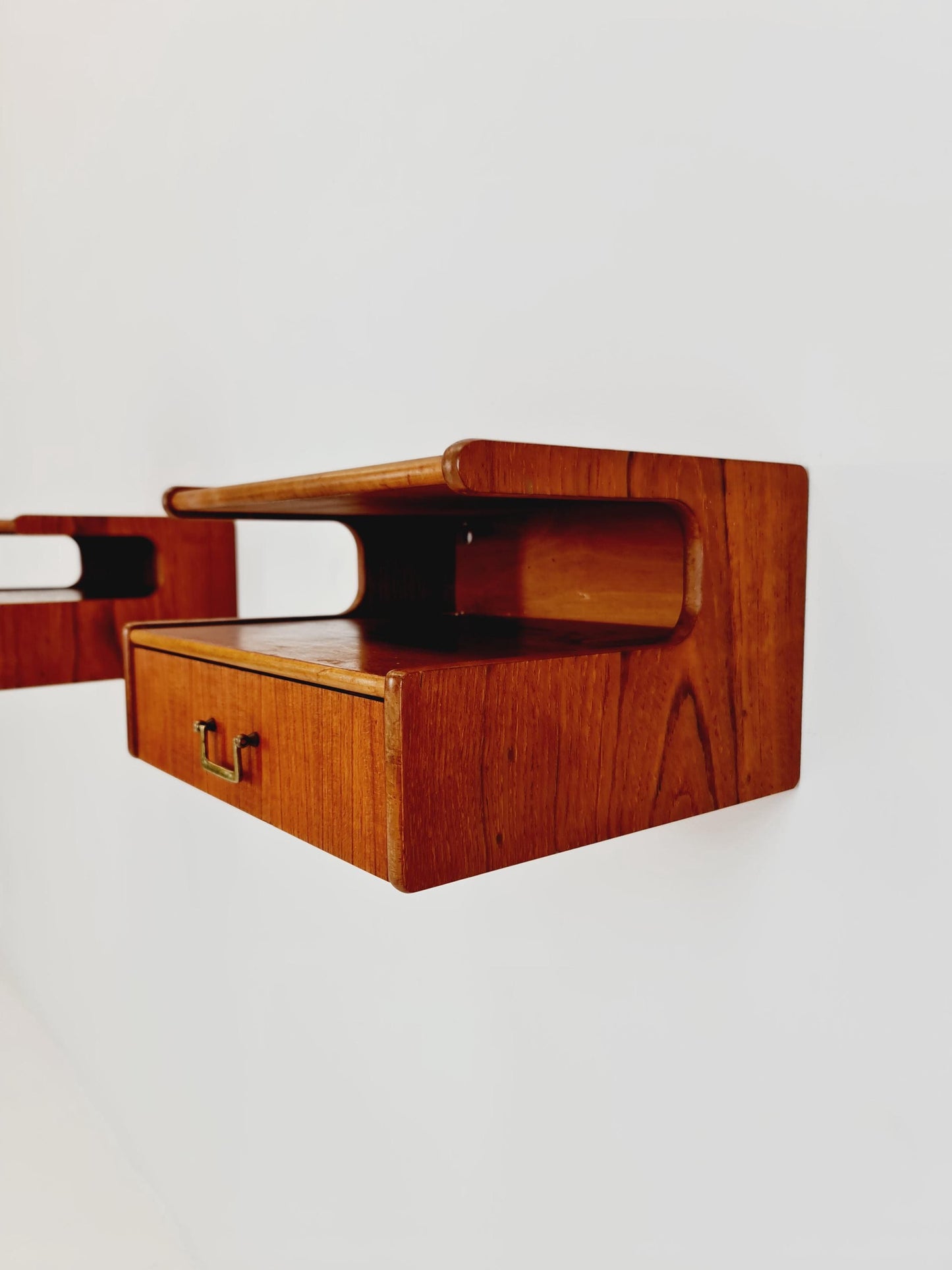 Rare pair of Danish teak floating shelf nightstands, 1960s