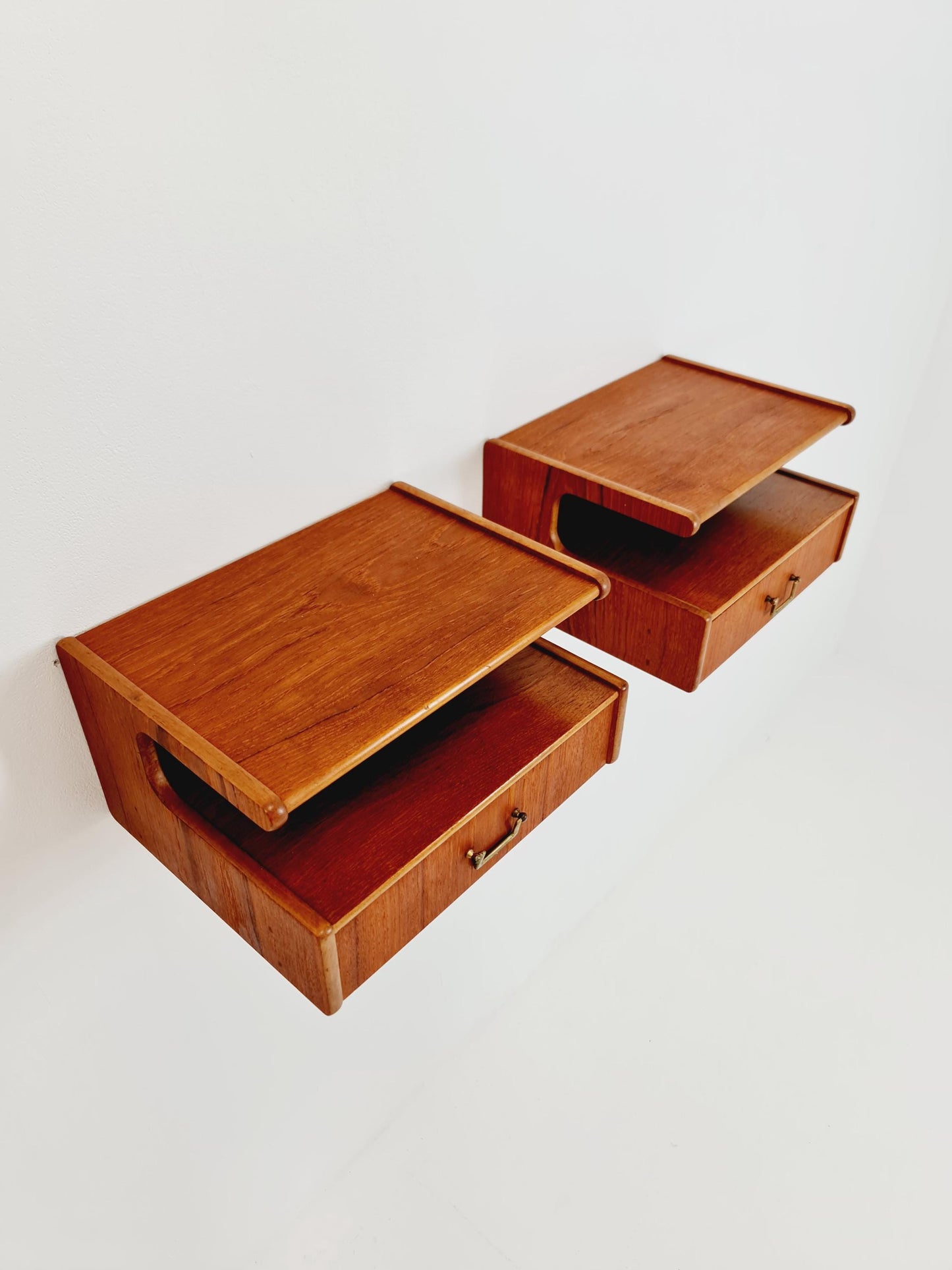 Rare pair of Danish teak floating shelf nightstands, 1960s