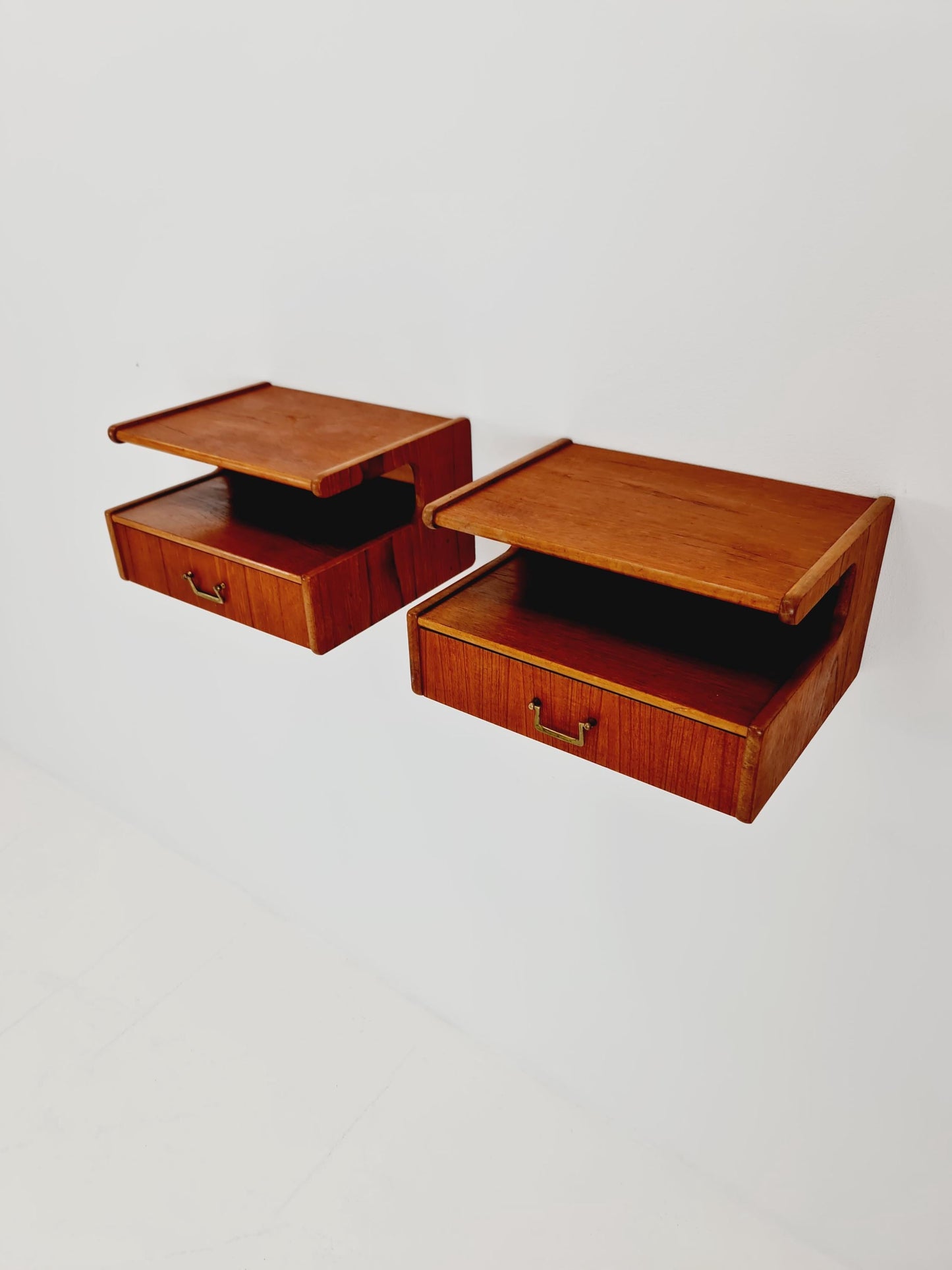 Rare pair of Danish teak floating shelf nightstands, 1960s