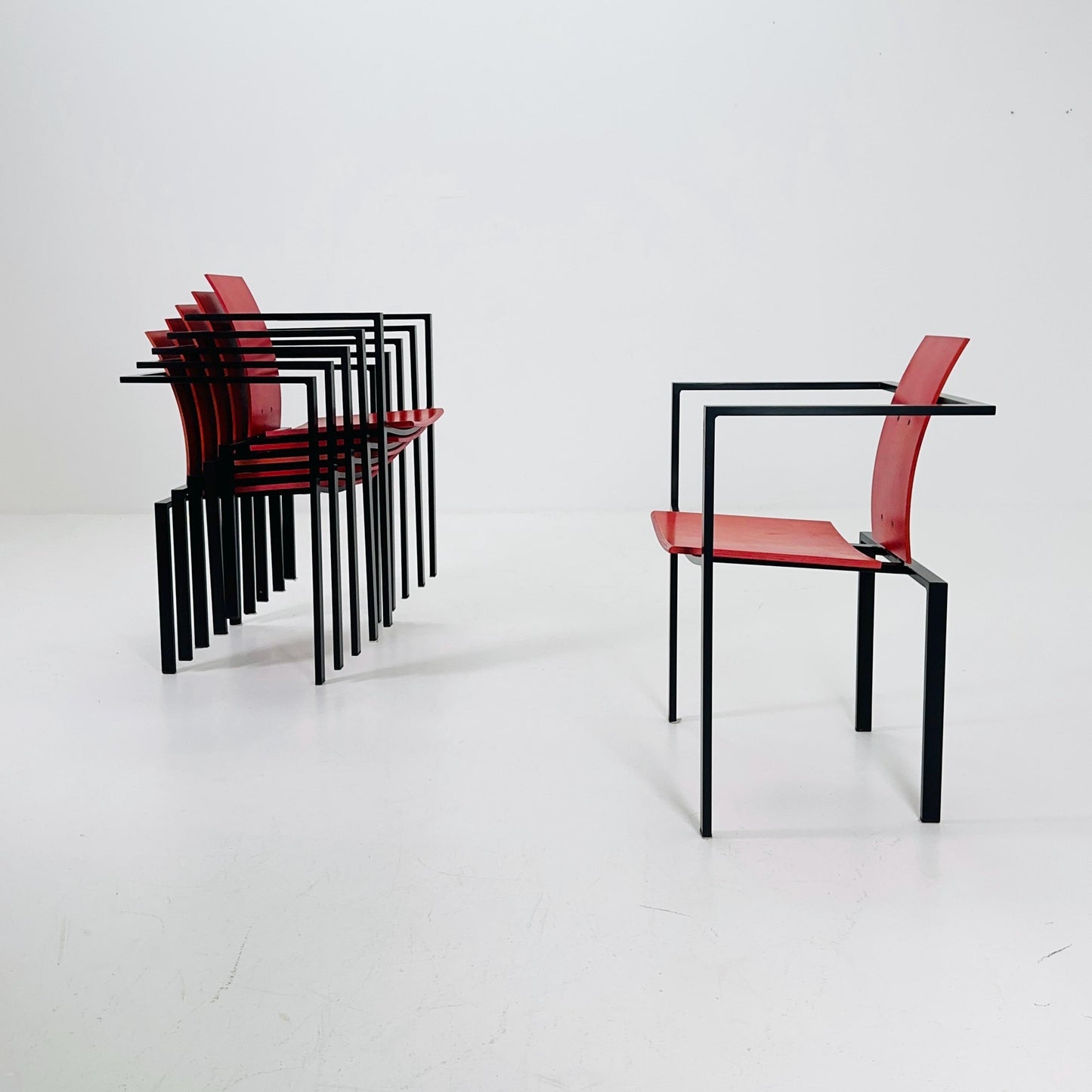 Set of 6 Postmodern Armchairs by Karl Friedrich Förster, Red Plywood & Steel, 1980s Germany