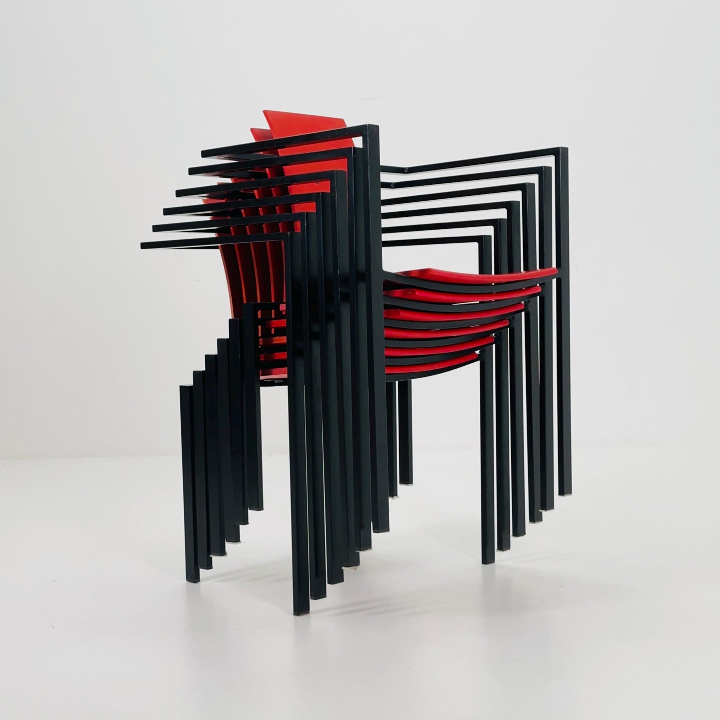 Set of 6 Postmodern Armchairs by Karl Friedrich Förster, Red Plywood & Steel, 1980s Germany