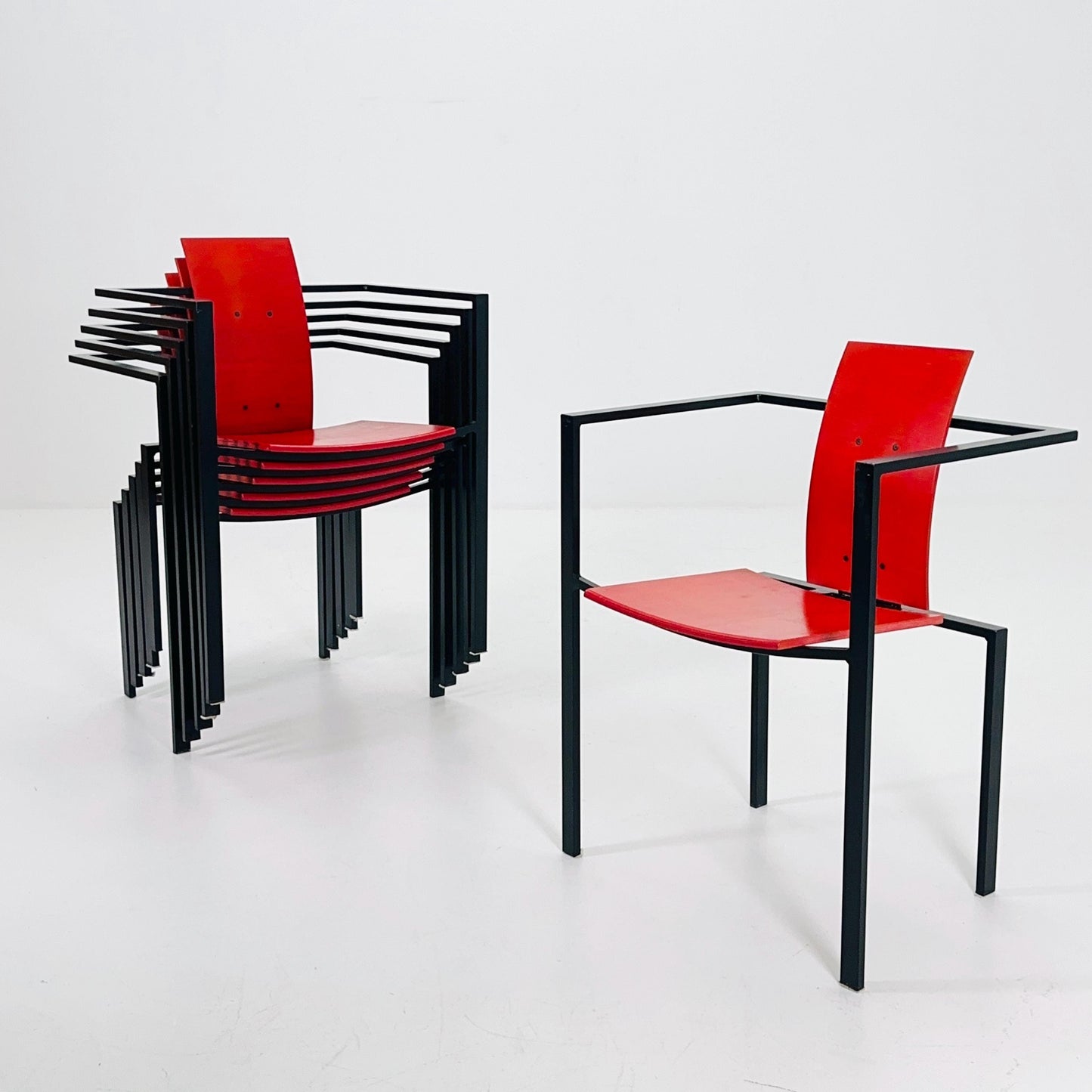 Set of 6 Postmodern Armchairs by Karl Friedrich Förster, Red Plywood & Steel, 1980s Germany
