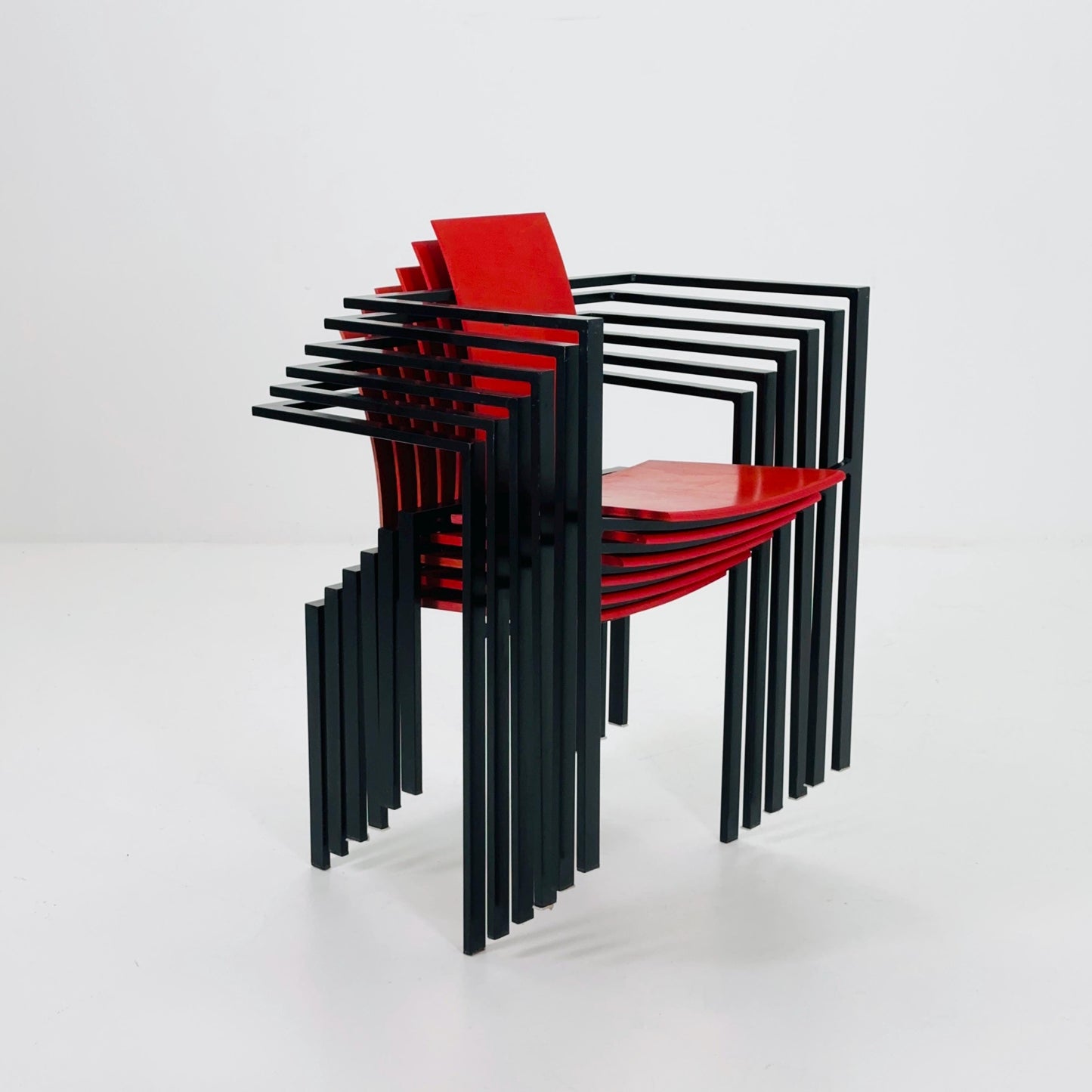 Set of 6 Postmodern Armchairs by Karl Friedrich Förster, Red Plywood & Steel, 1980s Germany