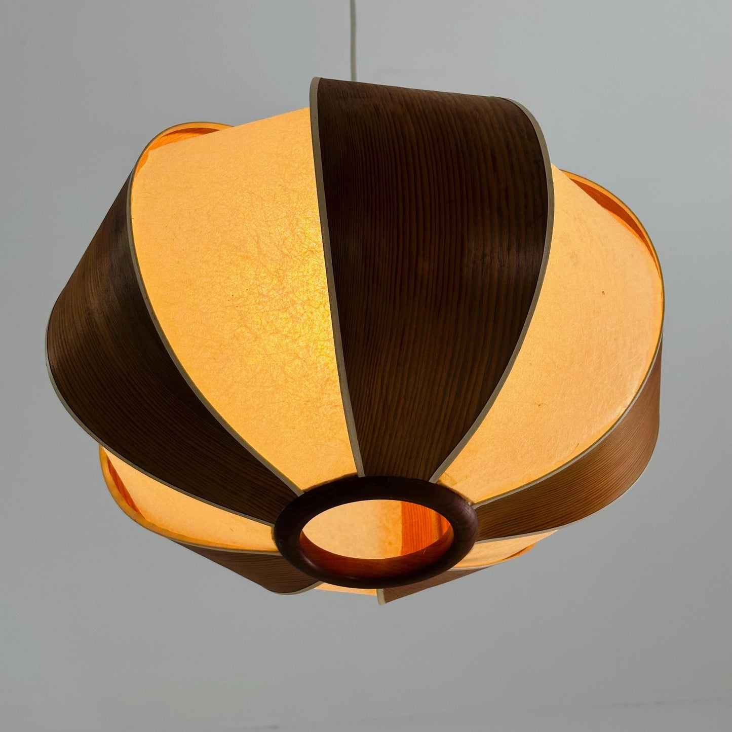 Mid-Century Modern Teak Veneer & Rice Paper Pendant Lamp | Japandi Ceiling Light 1980s