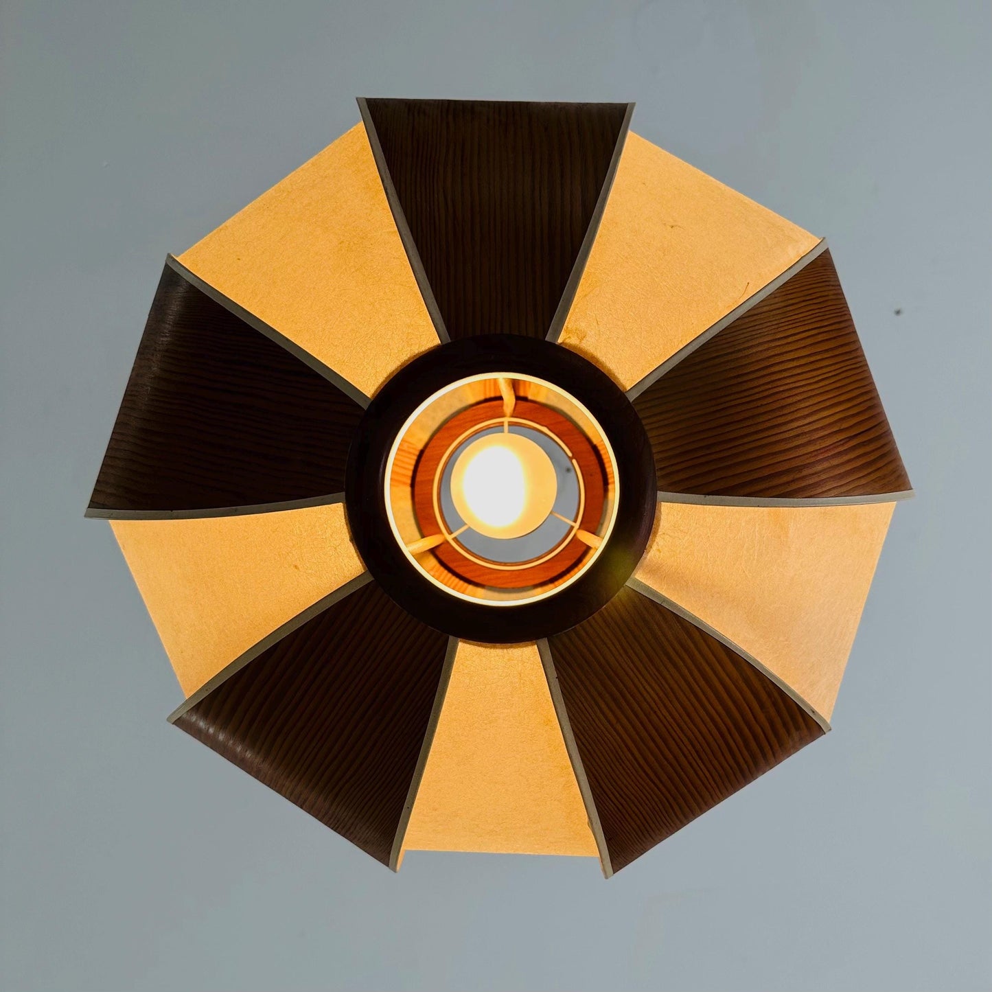 Mid-Century Modern Teak Veneer & Rice Paper Pendant Lamp | Japandi Ceiling Light 1980s