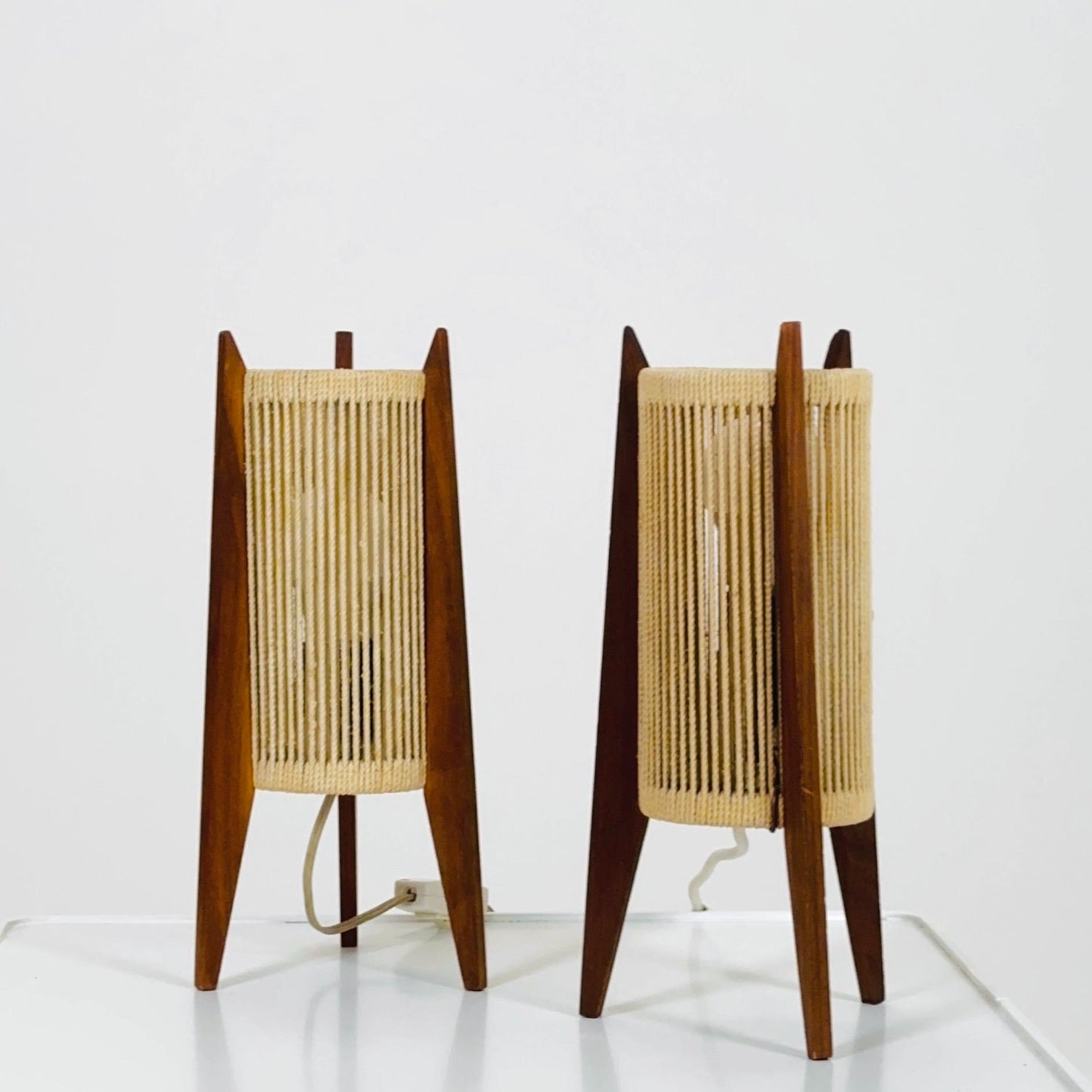Pair of Mid-Century Danish Teak & Sisal Rocket table Lamps | Sweden 1960s