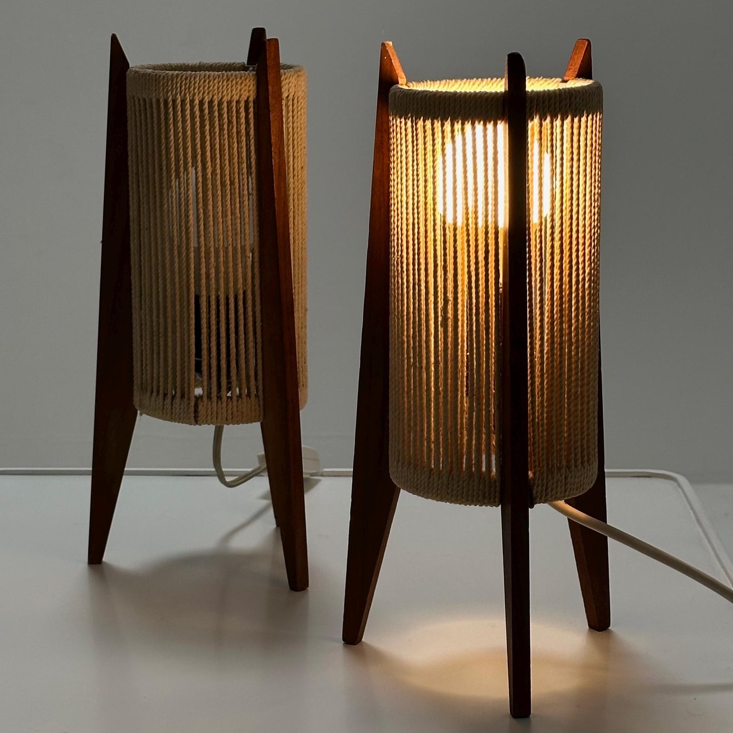 Pair of Mid-Century Danish Teak & Sisal Rocket table Lamps | Sweden 1960s