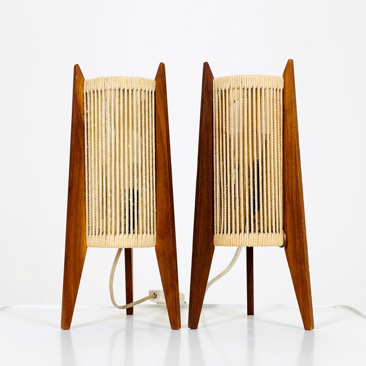 Pair of Mid-Century Danish Teak & Sisal Rocket table Lamps | Sweden 1960s