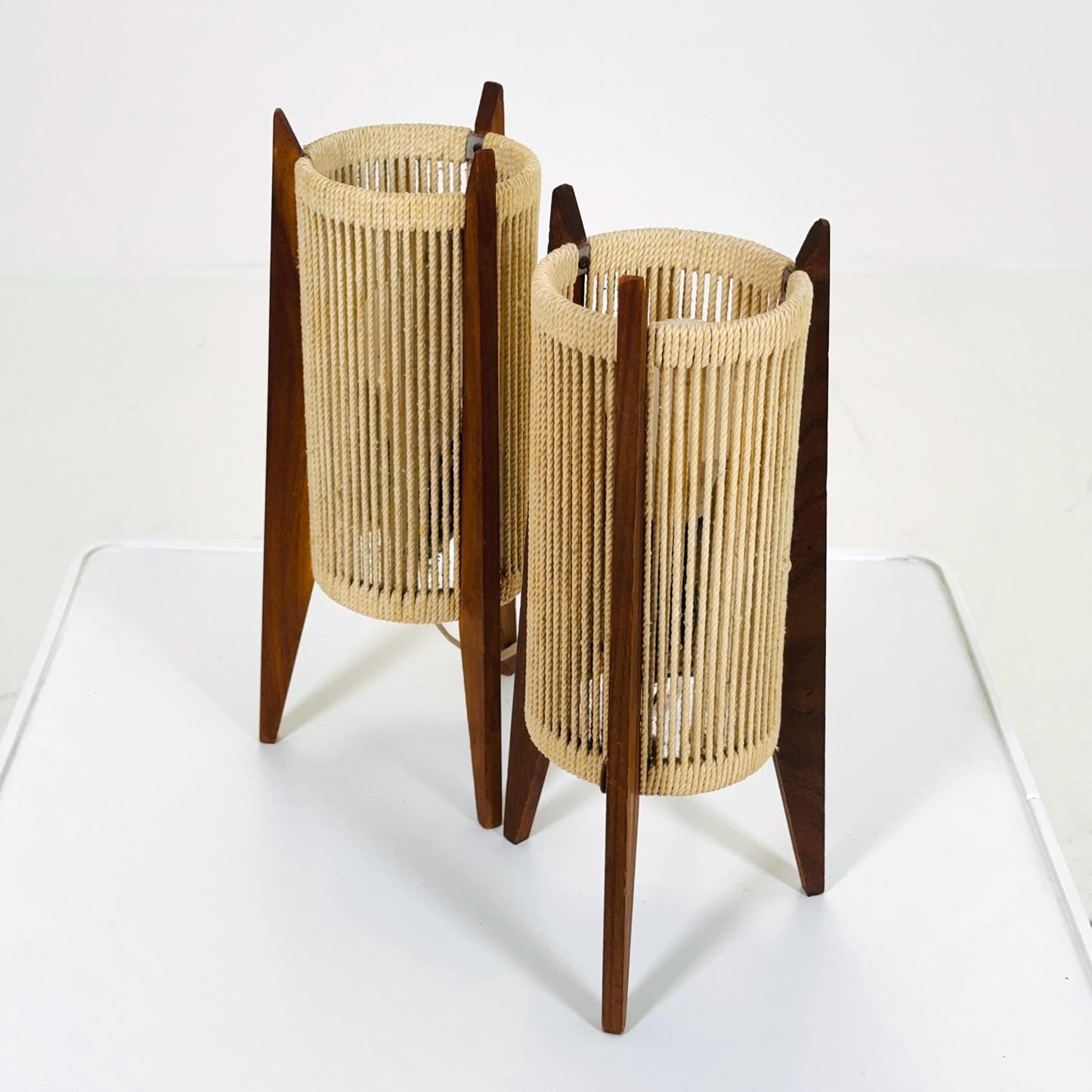 Pair of Mid-Century Danish Teak & Sisal Rocket table Lamps | Sweden 1960s