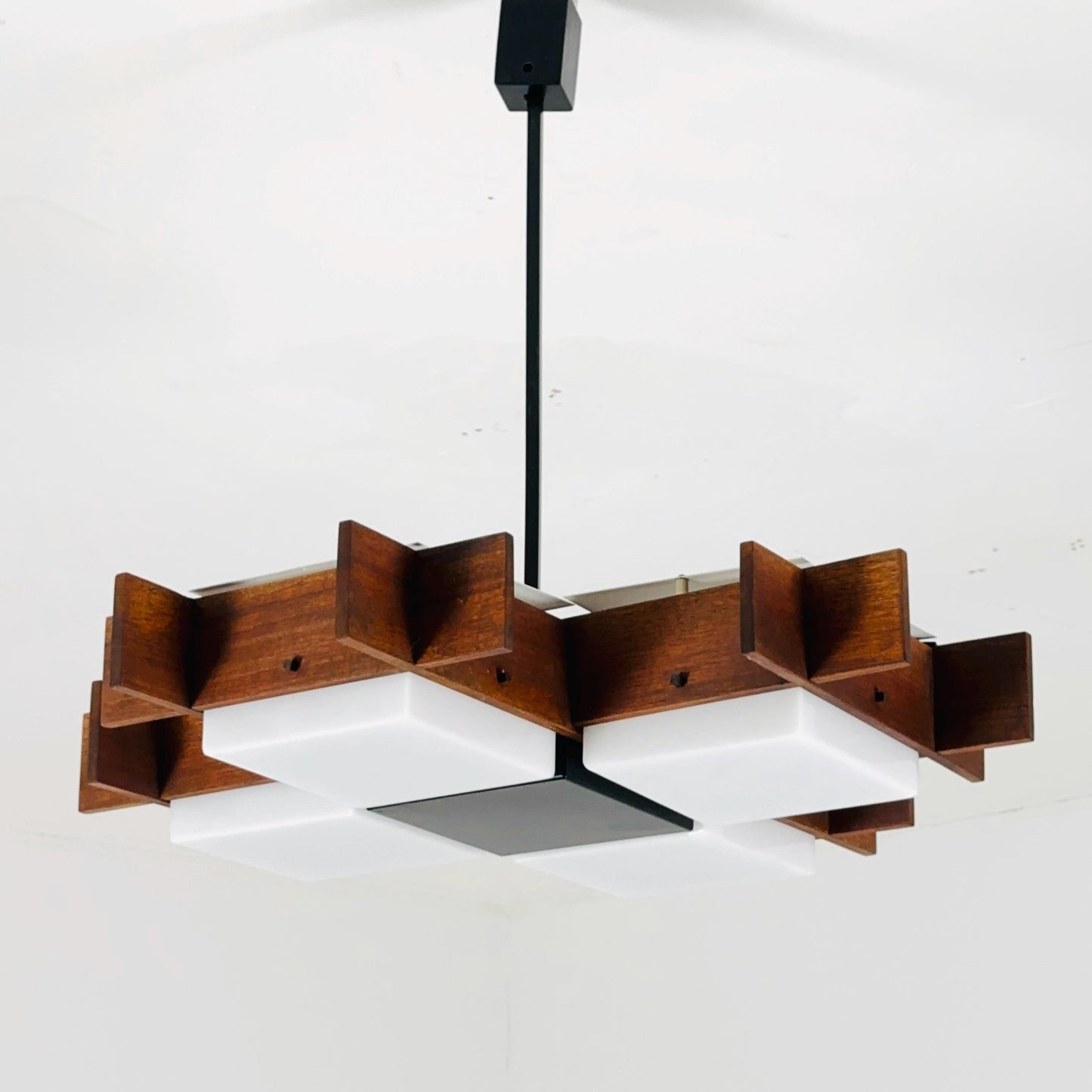 Mid Century Italian Chandelier by Angelo Brotto for Esperia | Teak & Opal Plexiglass Pendant Light | 1960s