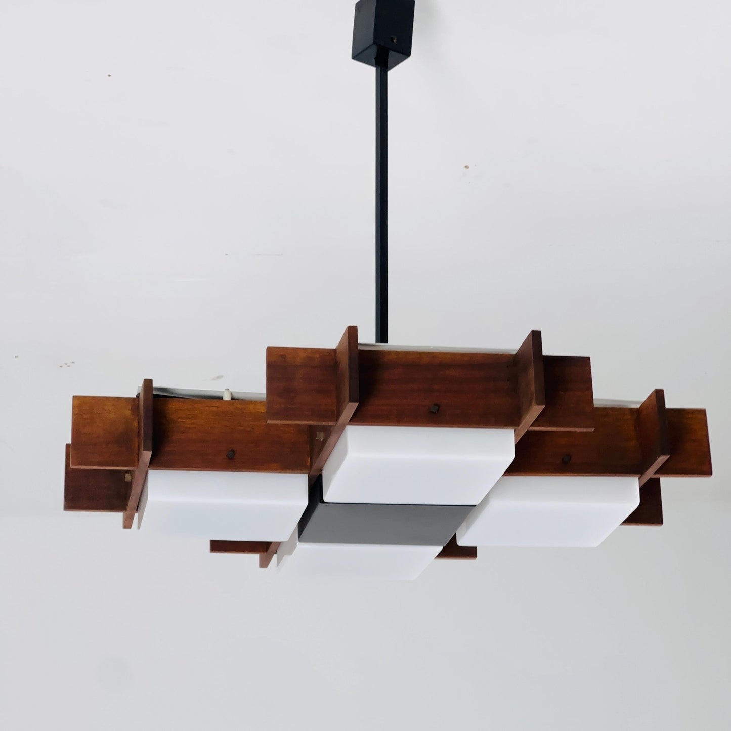 Mid Century Italian Chandelier by Angelo Brotto for Esperia | Teak & Opal Plexiglass Pendant Light | 1960s