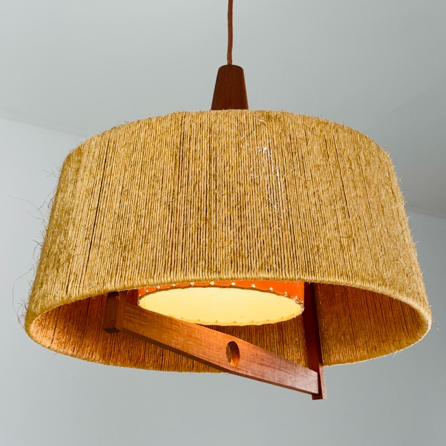 Mid Century Sisal Teak Pendant Lamp by Temde Leuchten, 1960s