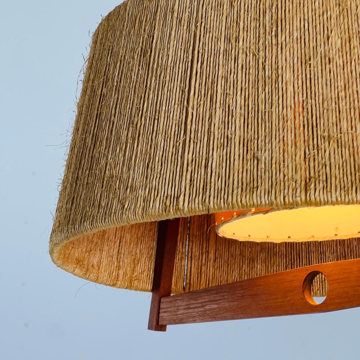 Mid Century Sisal Teak Pendant Lamp by Temde Leuchten, 1960s