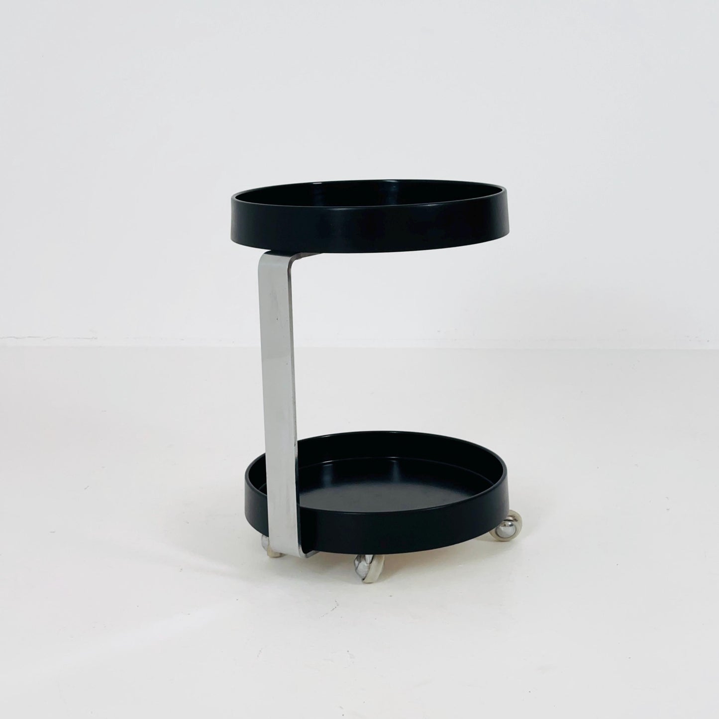 Rare Mid-Century Modern Black Wood & Chrome Round Bar Cart – Germany, 1970s