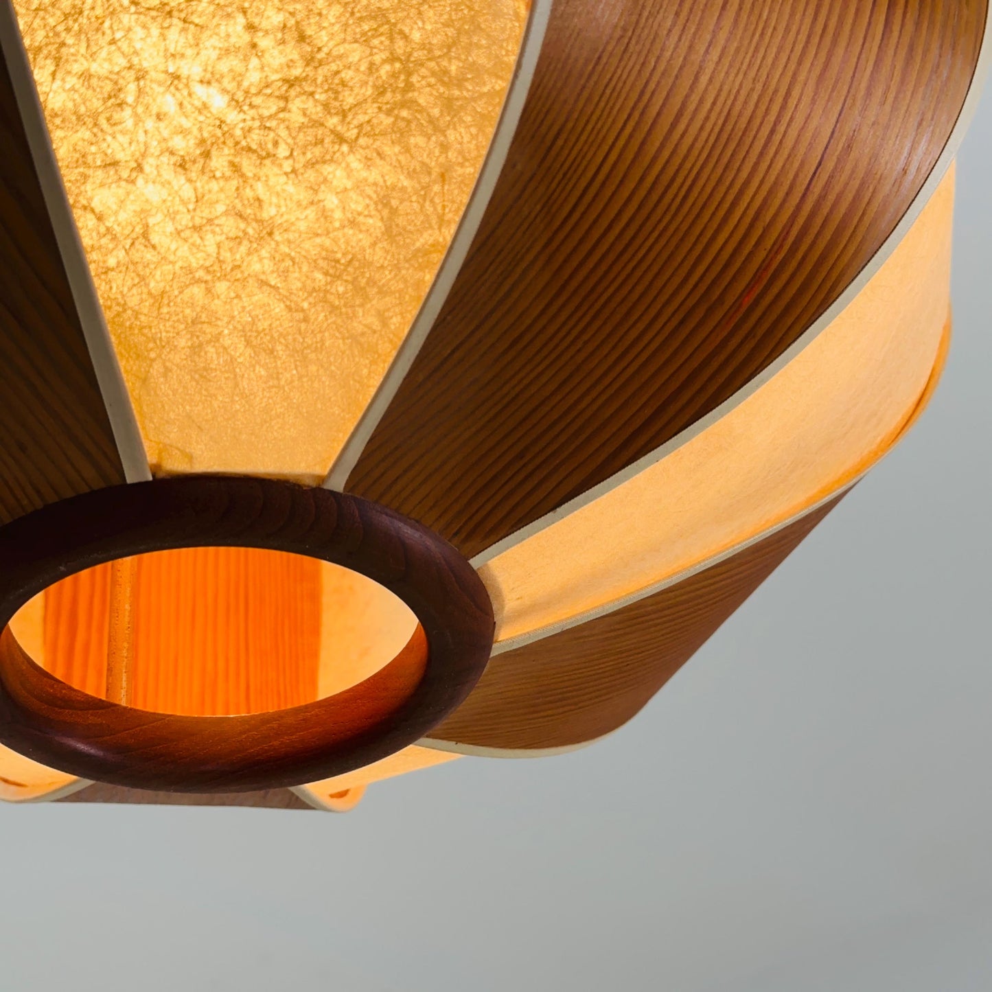Mid-Century Modern Teak Veneer & Rice Paper Pendant Lamp | Japandi Ceiling Light 1980s
