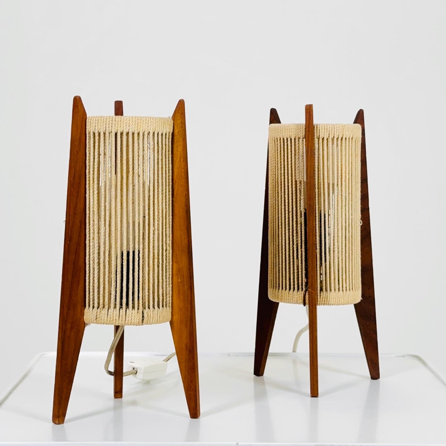 Pair of Mid-Century Danish Teak & Sisal Rocket table Lamps | Sweden 1960s