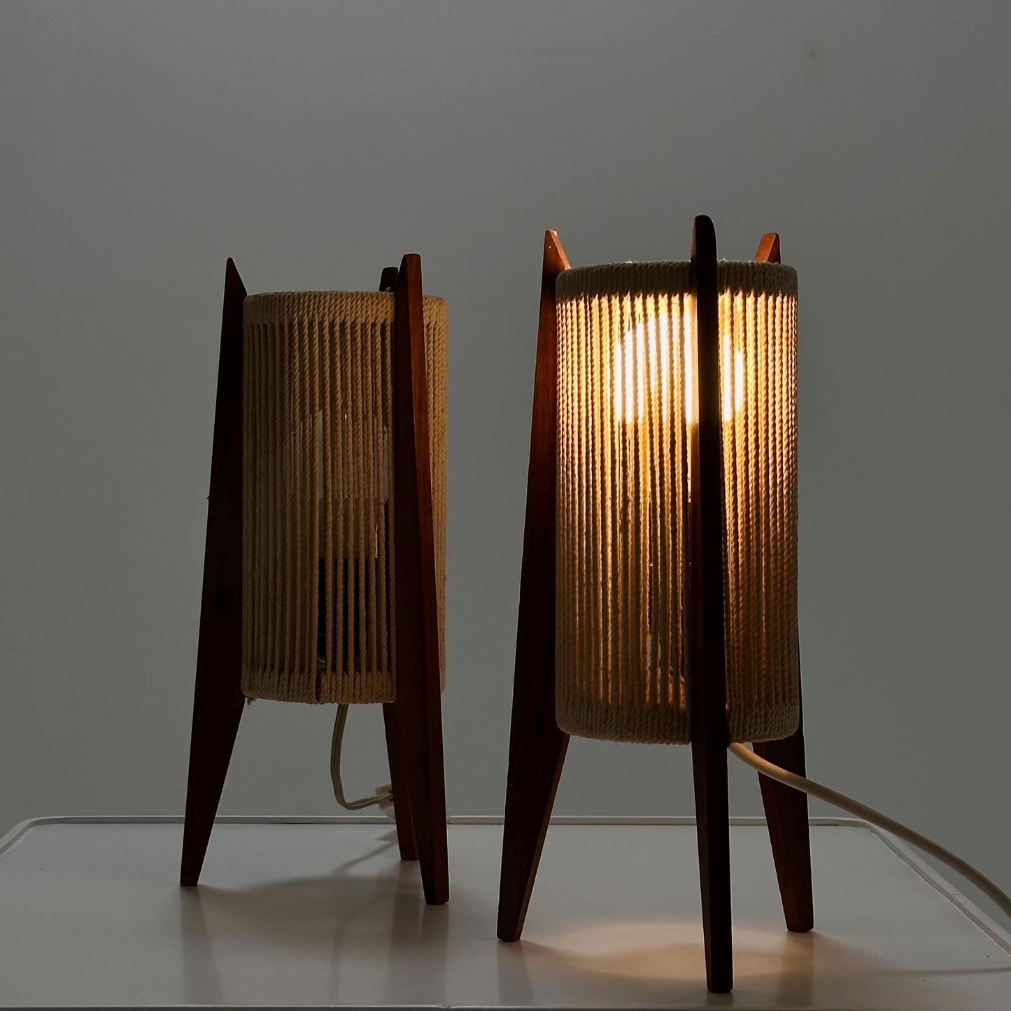 Pair of Mid-Century Danish Teak & Sisal Rocket table Lamps | Sweden 1960s