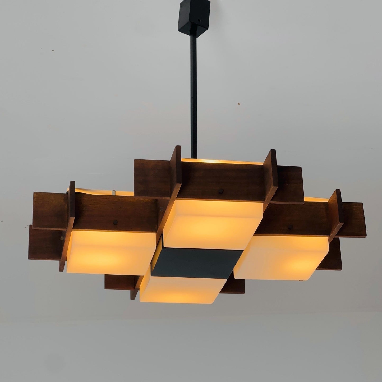 Mid Century Italian Chandelier by Angelo Brotto for Esperia | Teak & Opal Plexiglass Pendant Light | 1960s