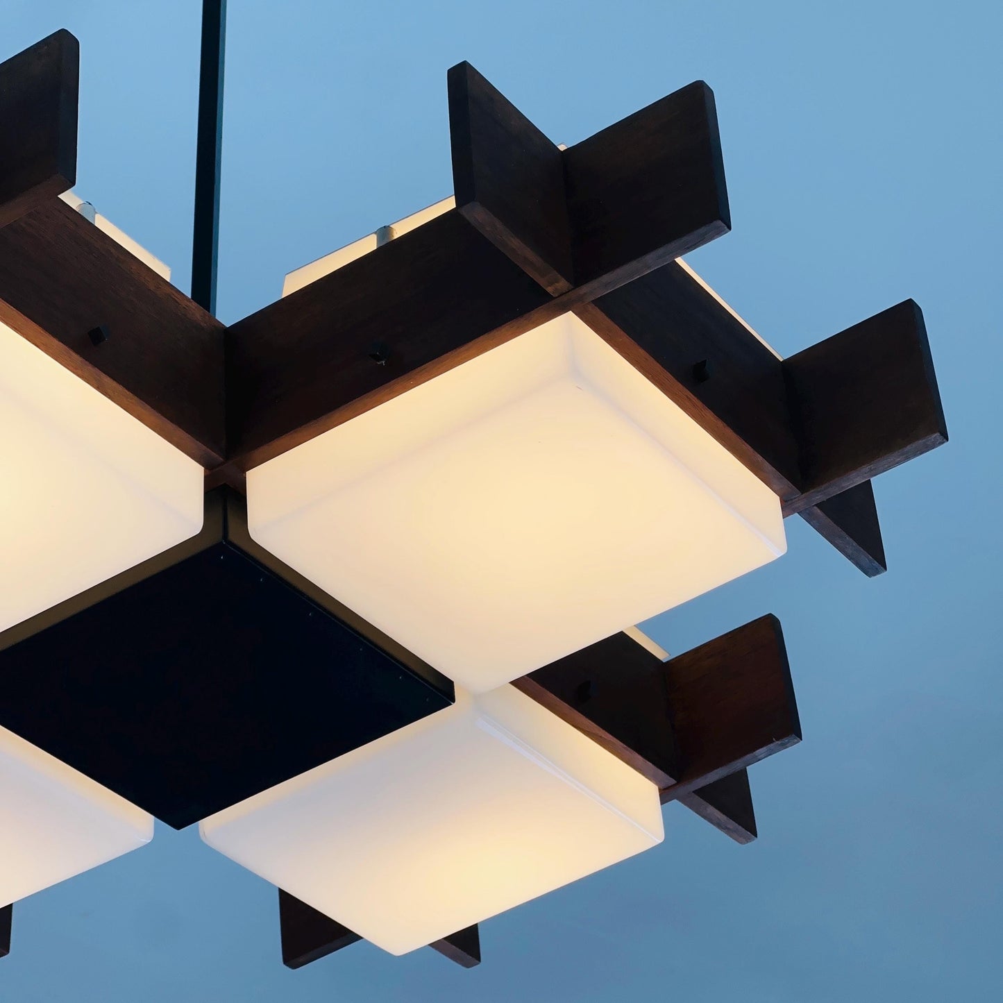 Mid Century Italian Chandelier by Angelo Brotto for Esperia | Teak & Opal Plexiglass Pendant Light | 1960s