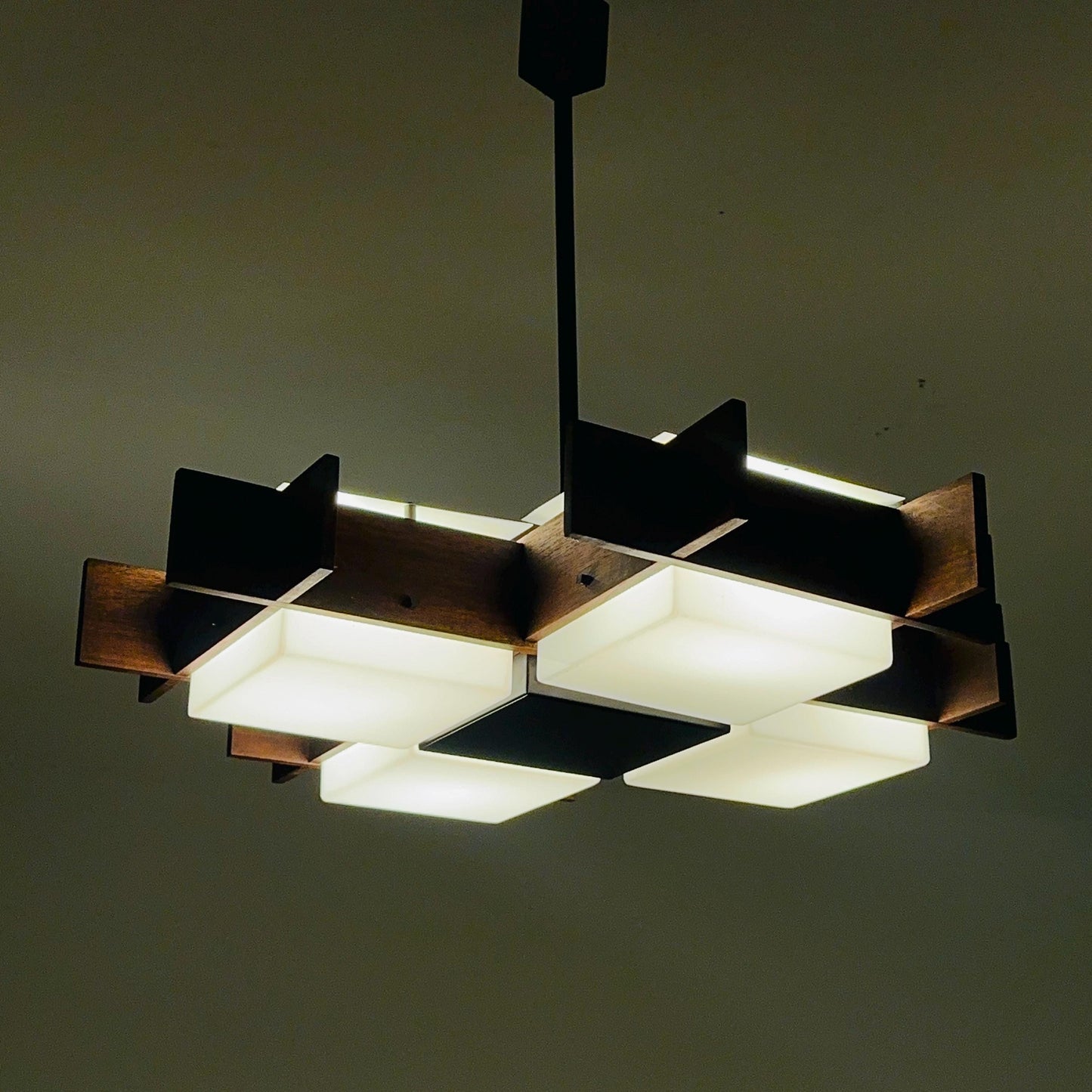 Mid Century Italian Chandelier by Angelo Brotto for Esperia | Teak & Opal Plexiglass Pendant Light | 1960s