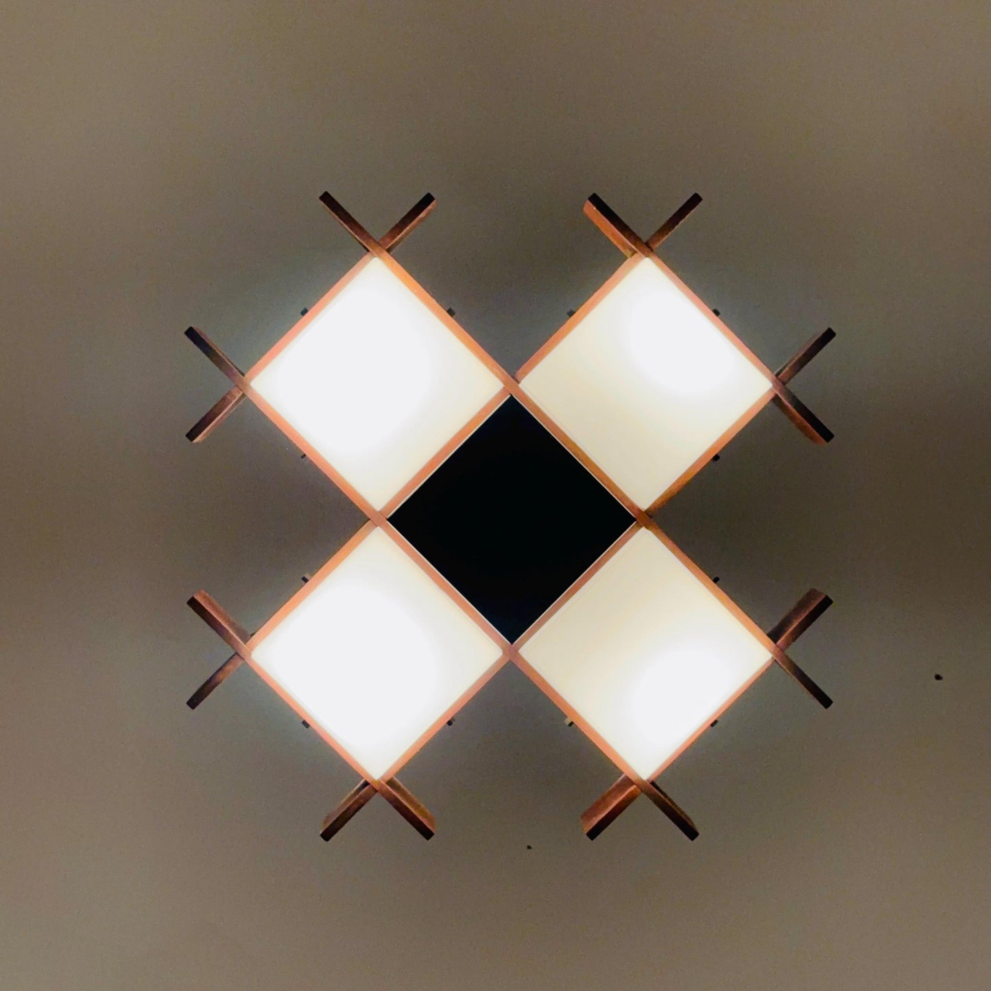 Mid Century Italian Chandelier by Angelo Brotto for Esperia | Teak & Opal Plexiglass Pendant Light | 1960s