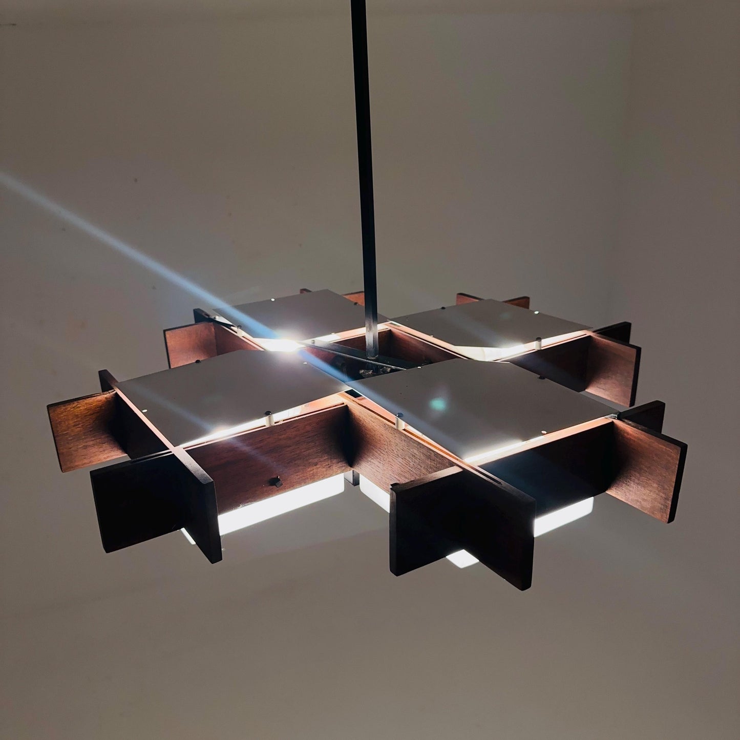 Mid Century Italian Chandelier by Angelo Brotto for Esperia | Teak & Opal Plexiglass Pendant Light | 1960s