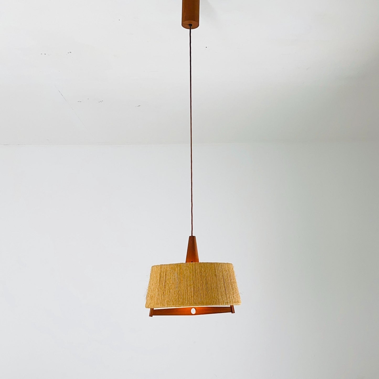 Mid Century Sisal Teak Pendant Lamp by Temde Leuchten, 1960s
