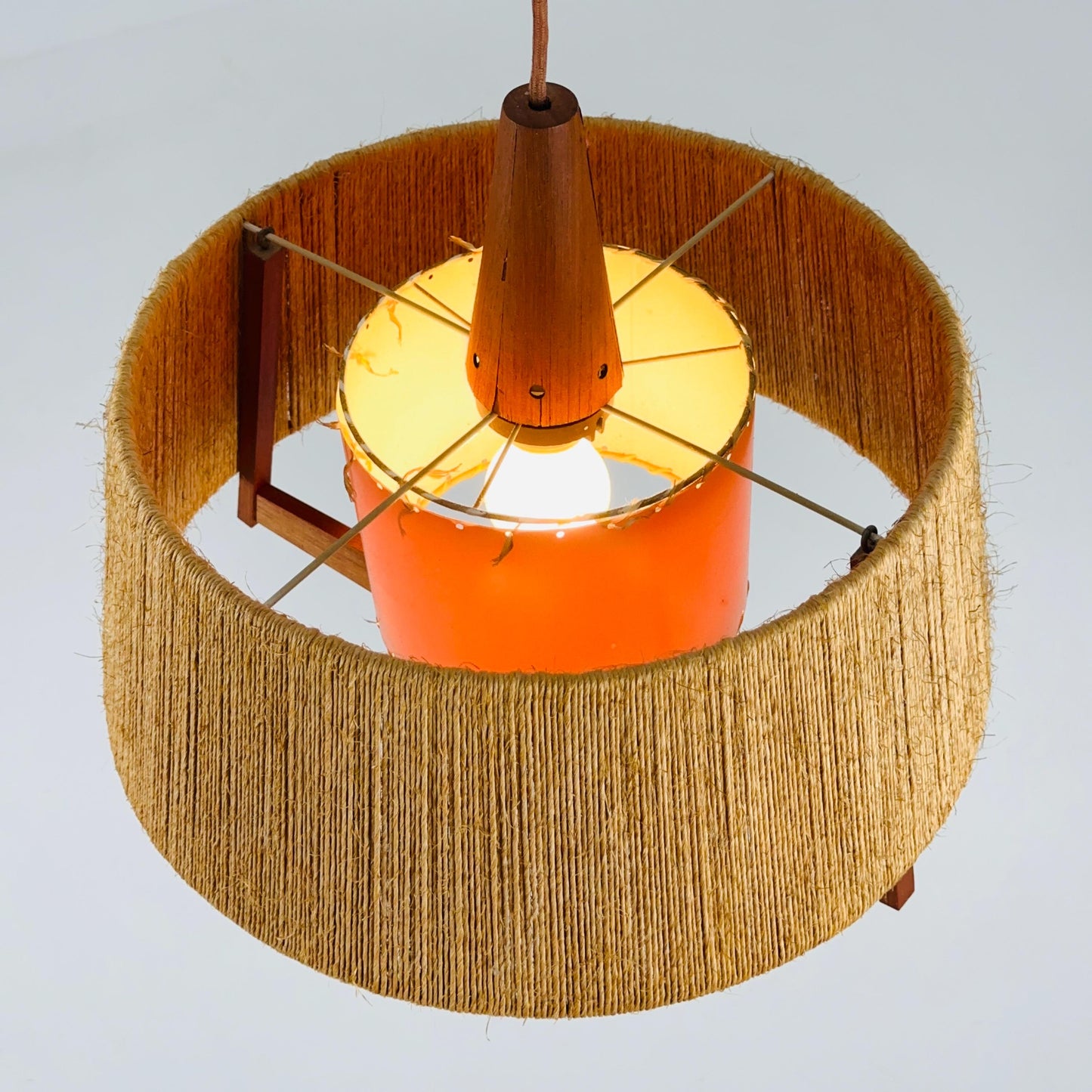 Mid Century Sisal Teak Pendant Lamp by Temde Leuchten, 1960s