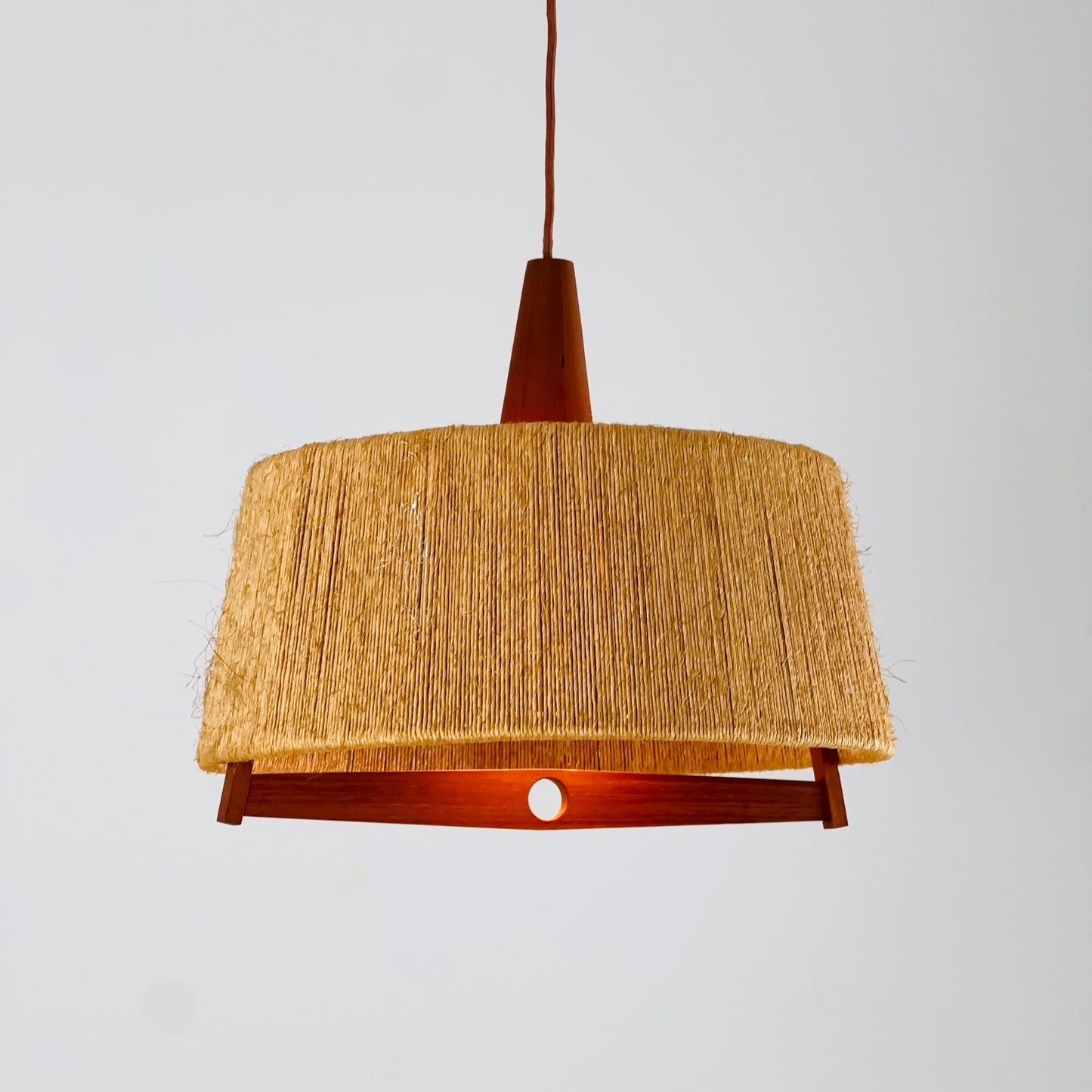 Mid Century Sisal Teak Pendant Lamp by Temde Leuchten, 1960s