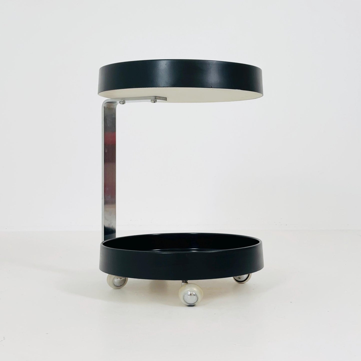 Rare Mid-Century Modern Black Wood & Chrome Round Bar Cart – Germany, 1970s