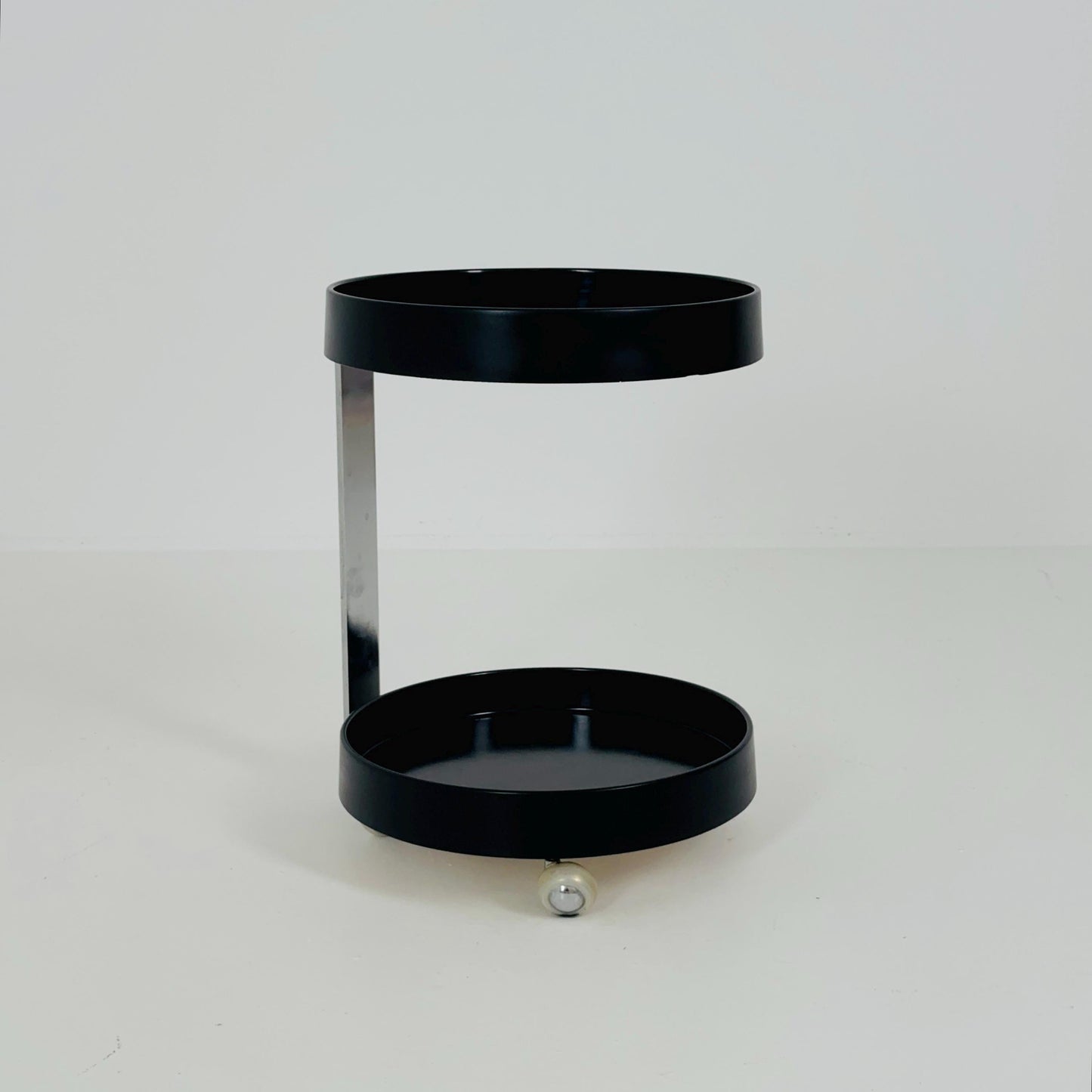 Rare Mid-Century Modern Black Wood & Chrome Round Bar Cart – Germany, 1970s