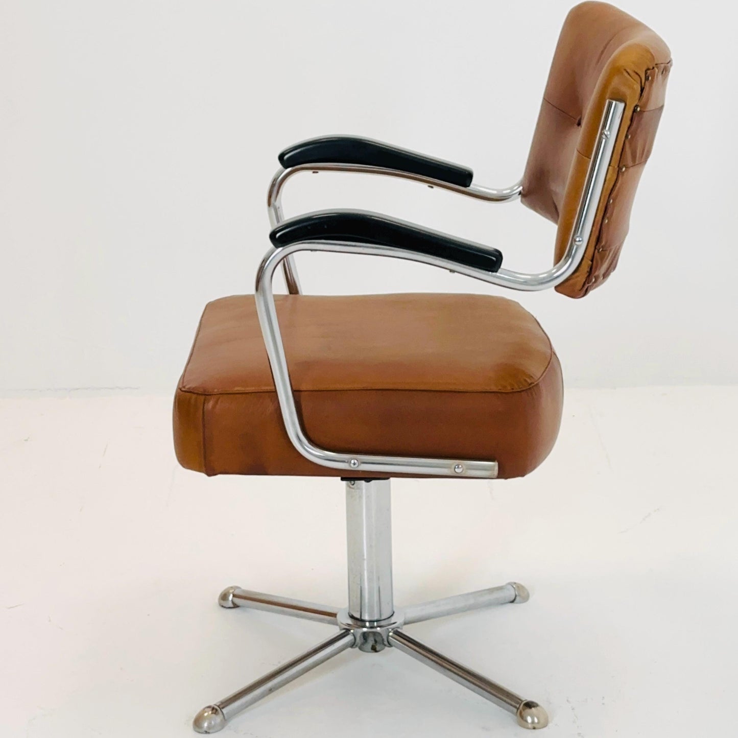 Mid century cognac leather swivel desk armchair 1980s Germany