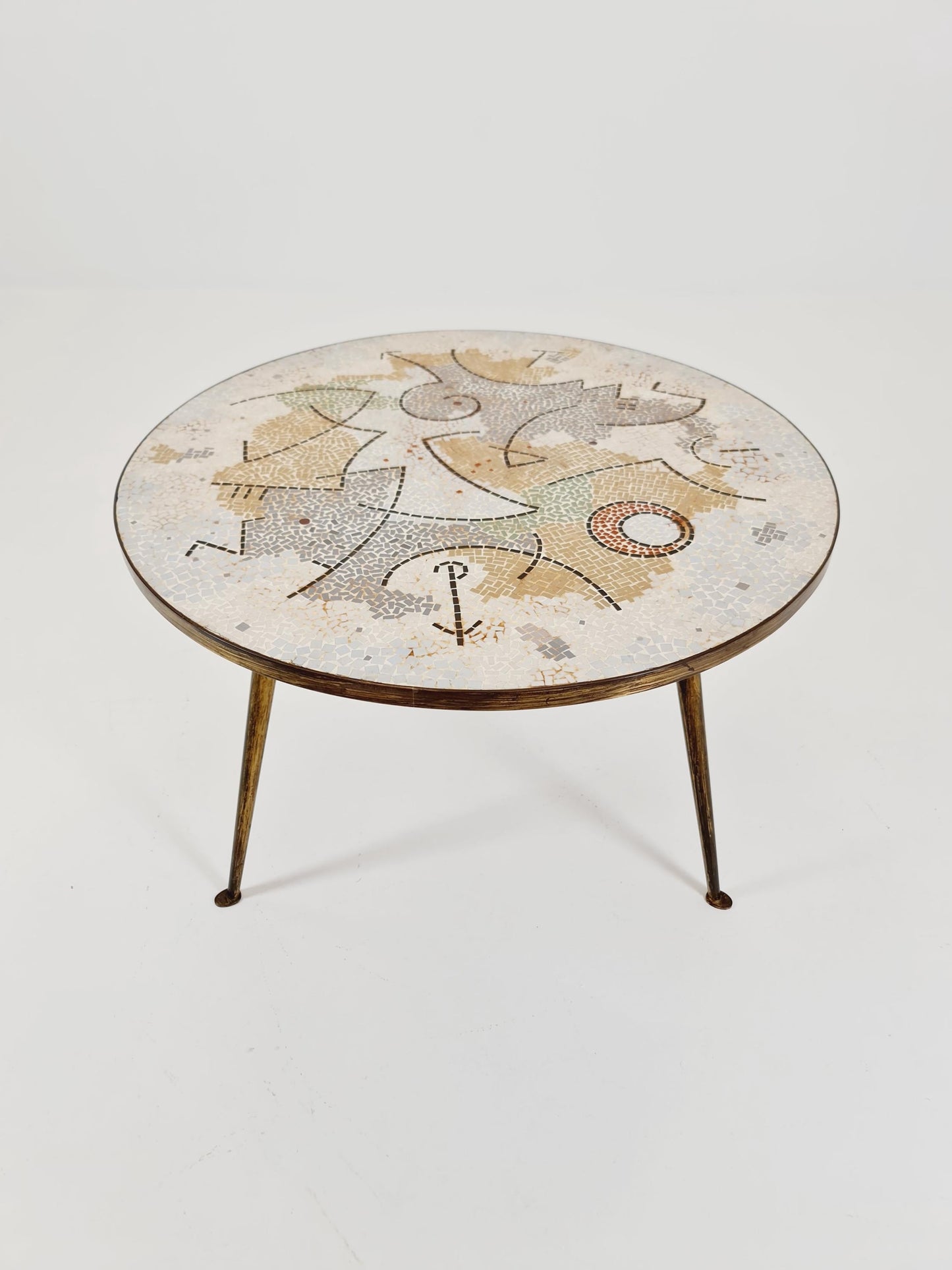 Unique round mosaic & solid brass coffe table from the 50s by Berthold Müller