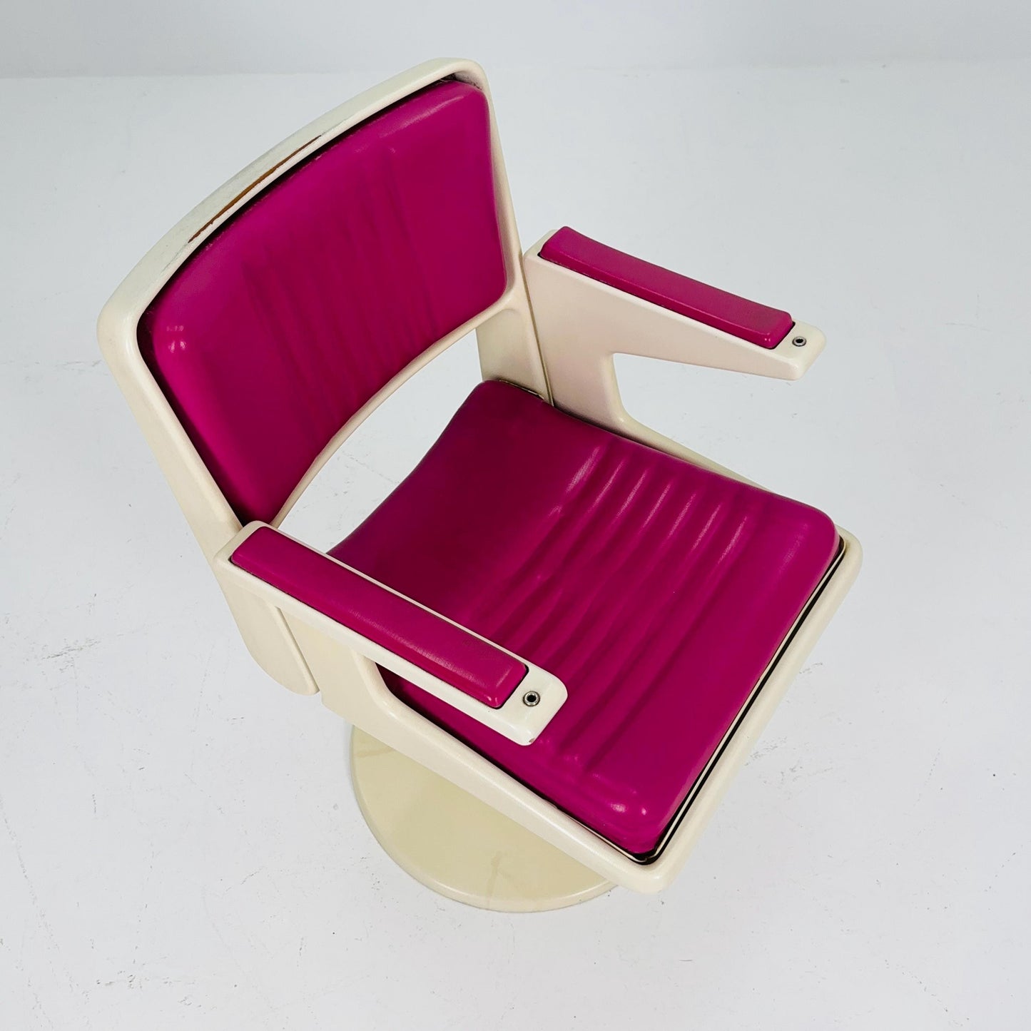 Rare Mid-Century Space Age Swivel Armchair – White & Purple Plastic Faux Leather Desk or Barber Chair – Tulip Base, 1970s