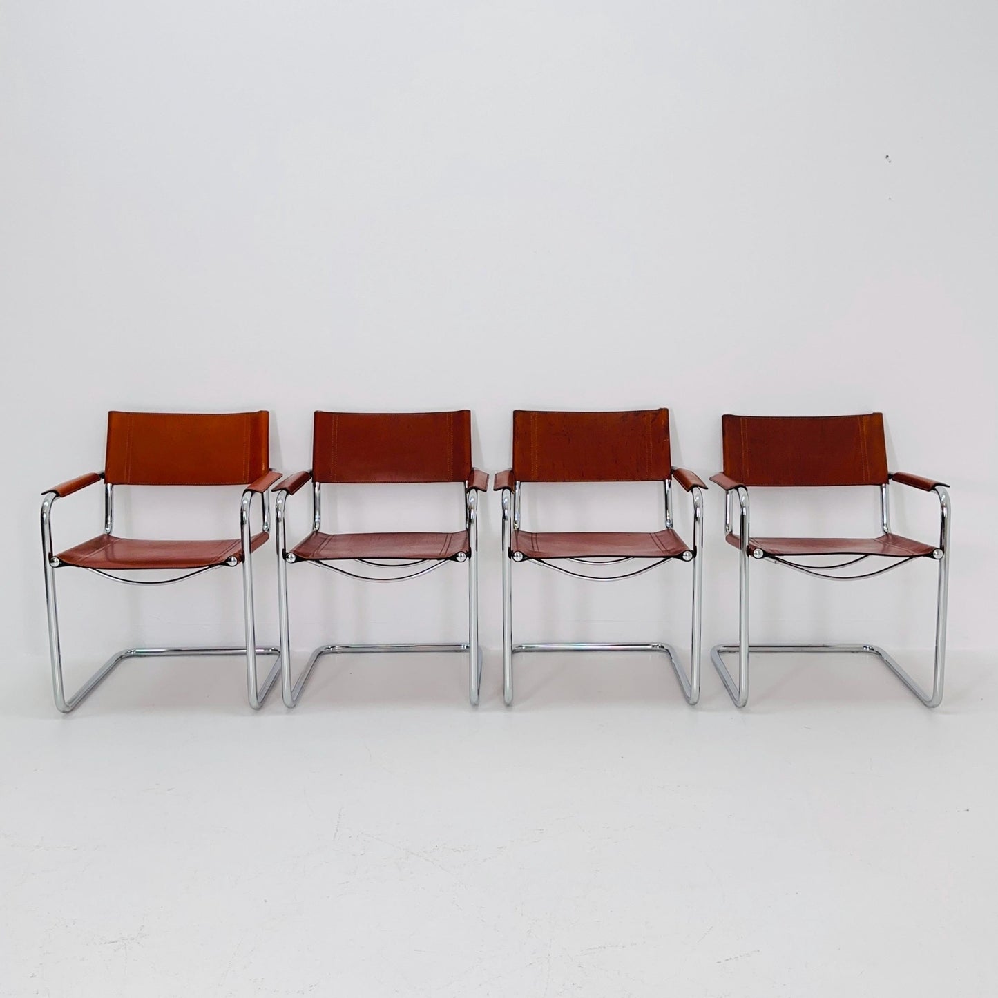 Set of 4 Model MG5 Centro Studi dining cognac leather chairs by Mart Stam & Marcel Breuer for Matteo Grassi, 1980s