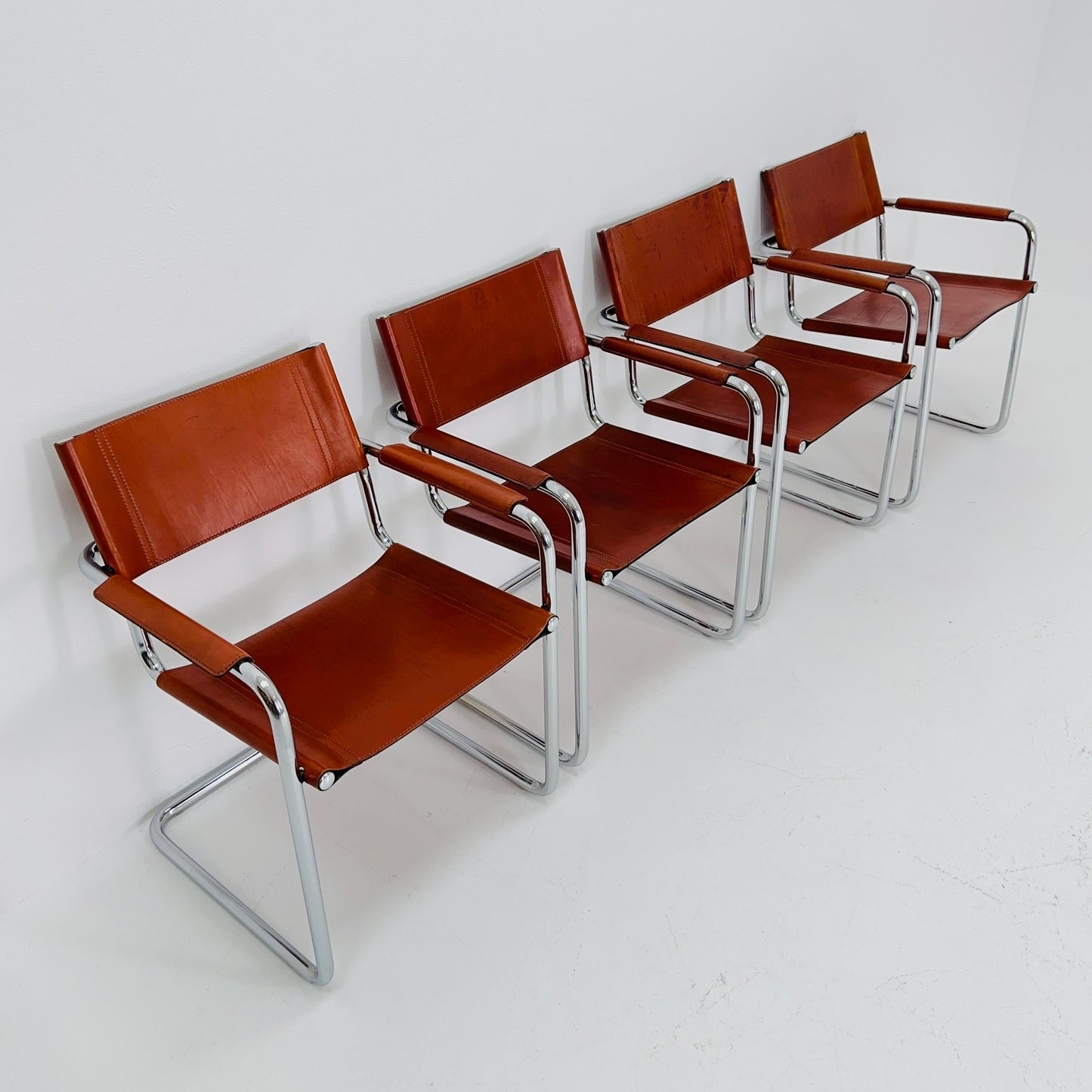 Set of 4 Model MG5 Centro Studi dining cognac leather chairs by Mart Stam & Marcel Breuer for Matteo Grassi, 1980s