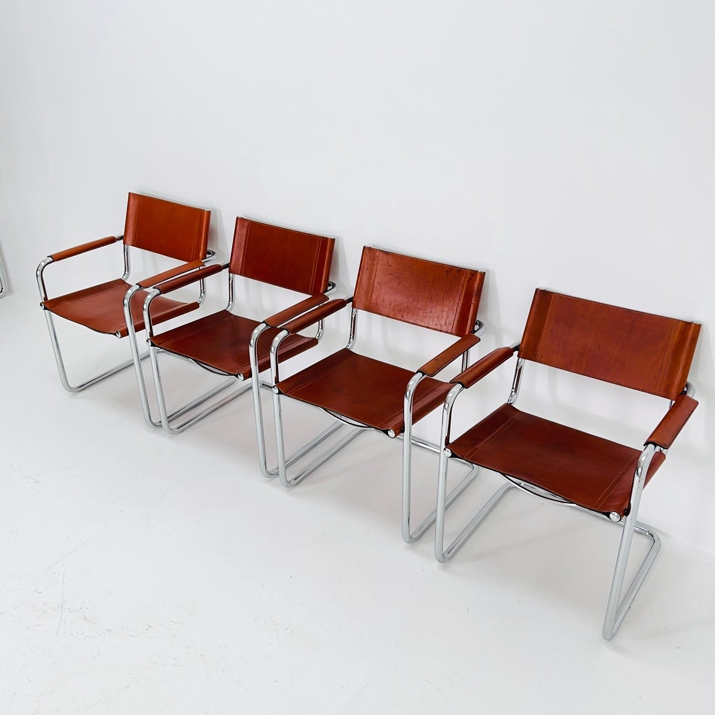 Set of 4 Model MG5 Centro Studi dining cognac leather chairs by Mart Stam & Marcel Breuer for Matteo Grassi, 1980s