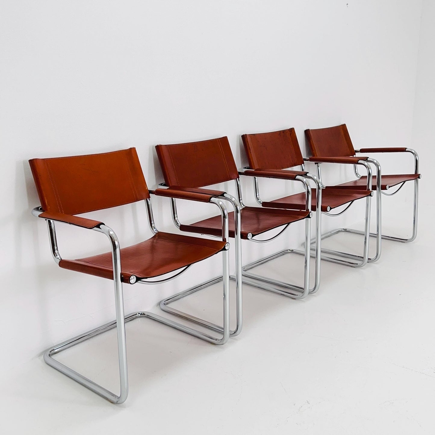 Set of 4 Model MG5 Centro Studi dining cognac leather chairs by Mart Stam & Marcel Breuer for Matteo Grassi, 1980s