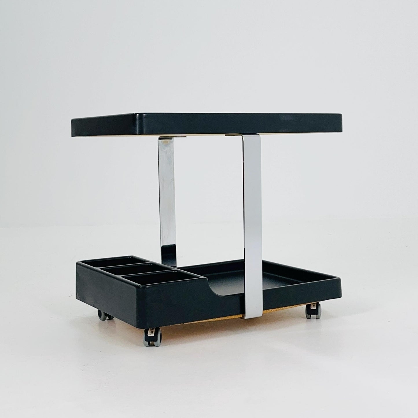 Mid Century Modern Black Bar Cart / Trolley Side Table – Chrome Frame, Italy 1980s