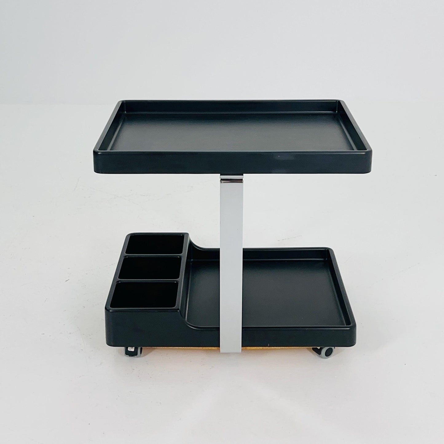 Mid Century Modern Black Bar Cart / Trolley Side Table – Chrome Frame, Italy 1980s