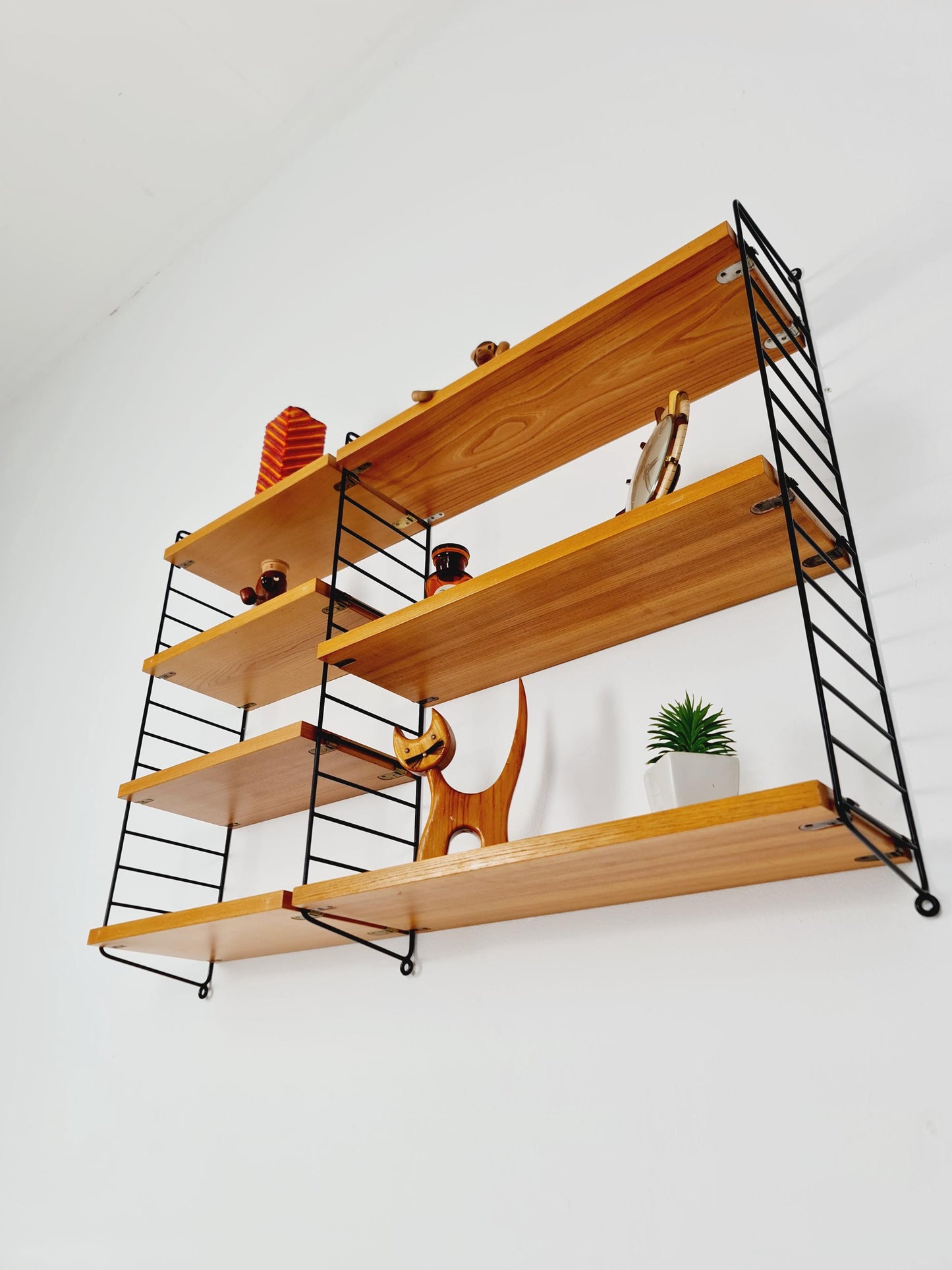 Original MCM Ash wood shelving system - consists of Black lacquered metal ladders, from string Stockholm 1960s