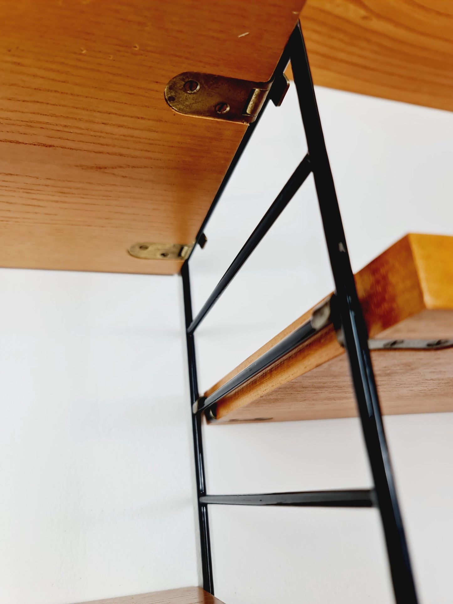 Original MCM Ash wood shelving system - consists of Black lacquered metal ladders, from string Stockholm 1960s